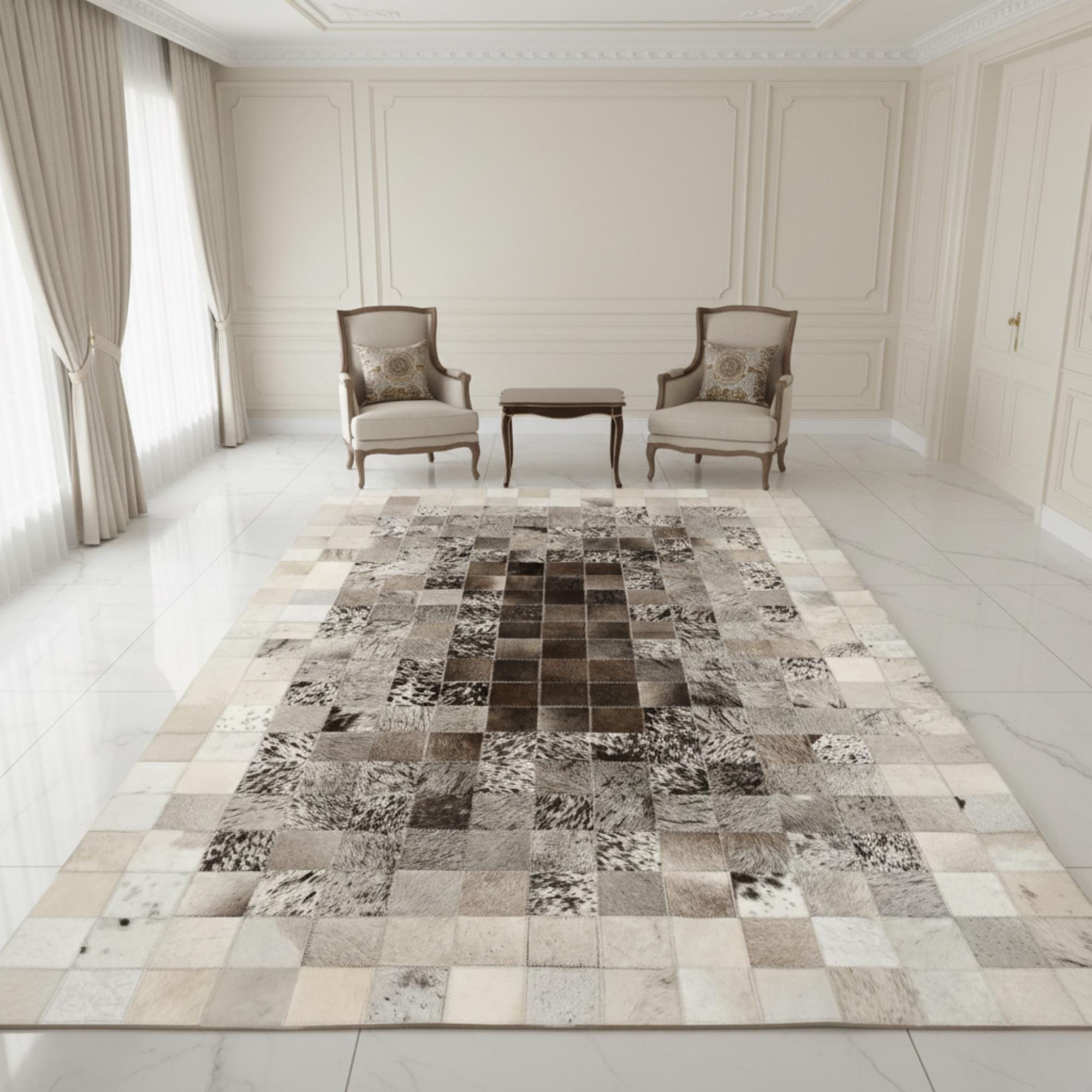 Mixed Metallic Cowhide Rug, Silver and Copper Patchwork Area Rug