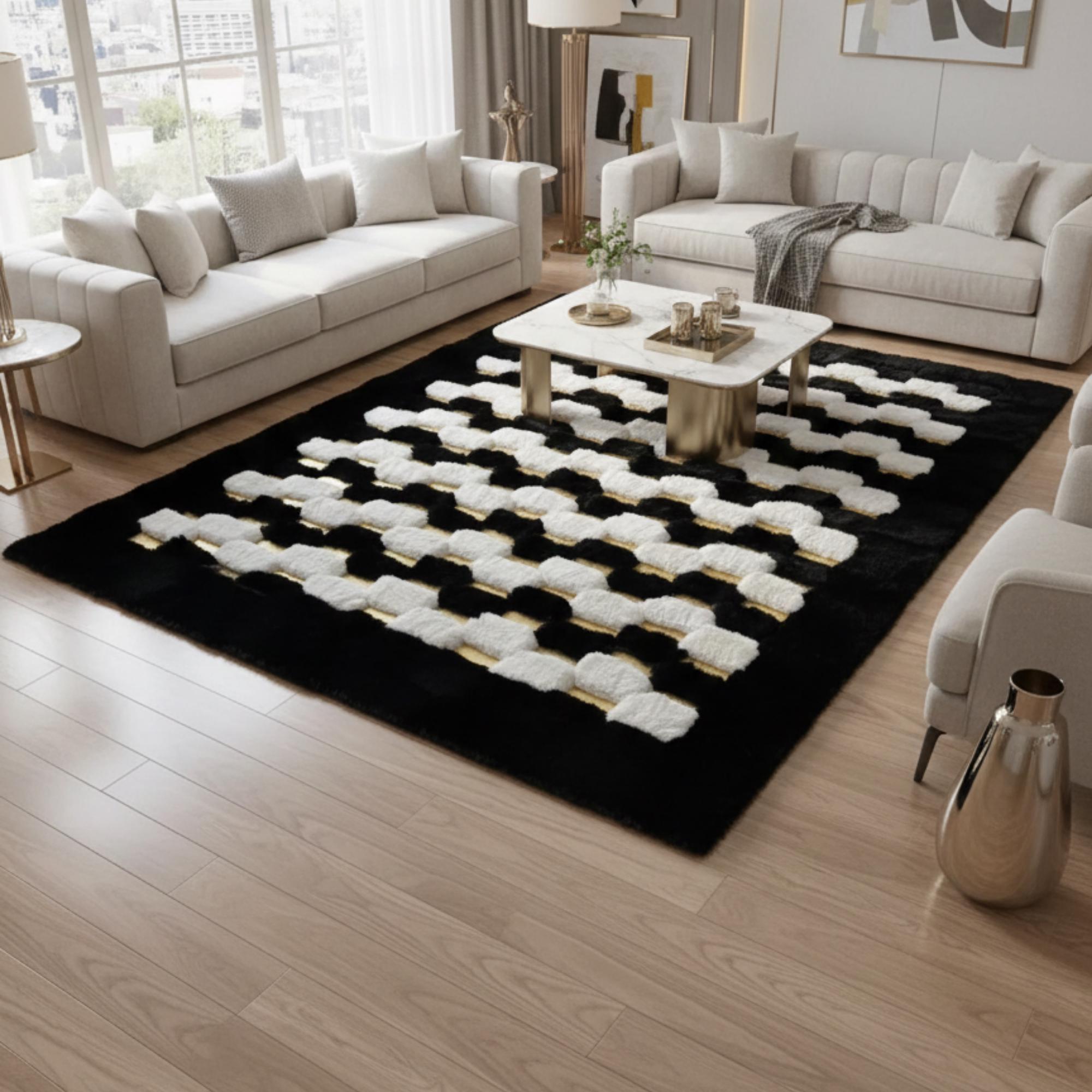 Black and White Plush Rug, 3D Checkerboard Faux Fur Area Rug,