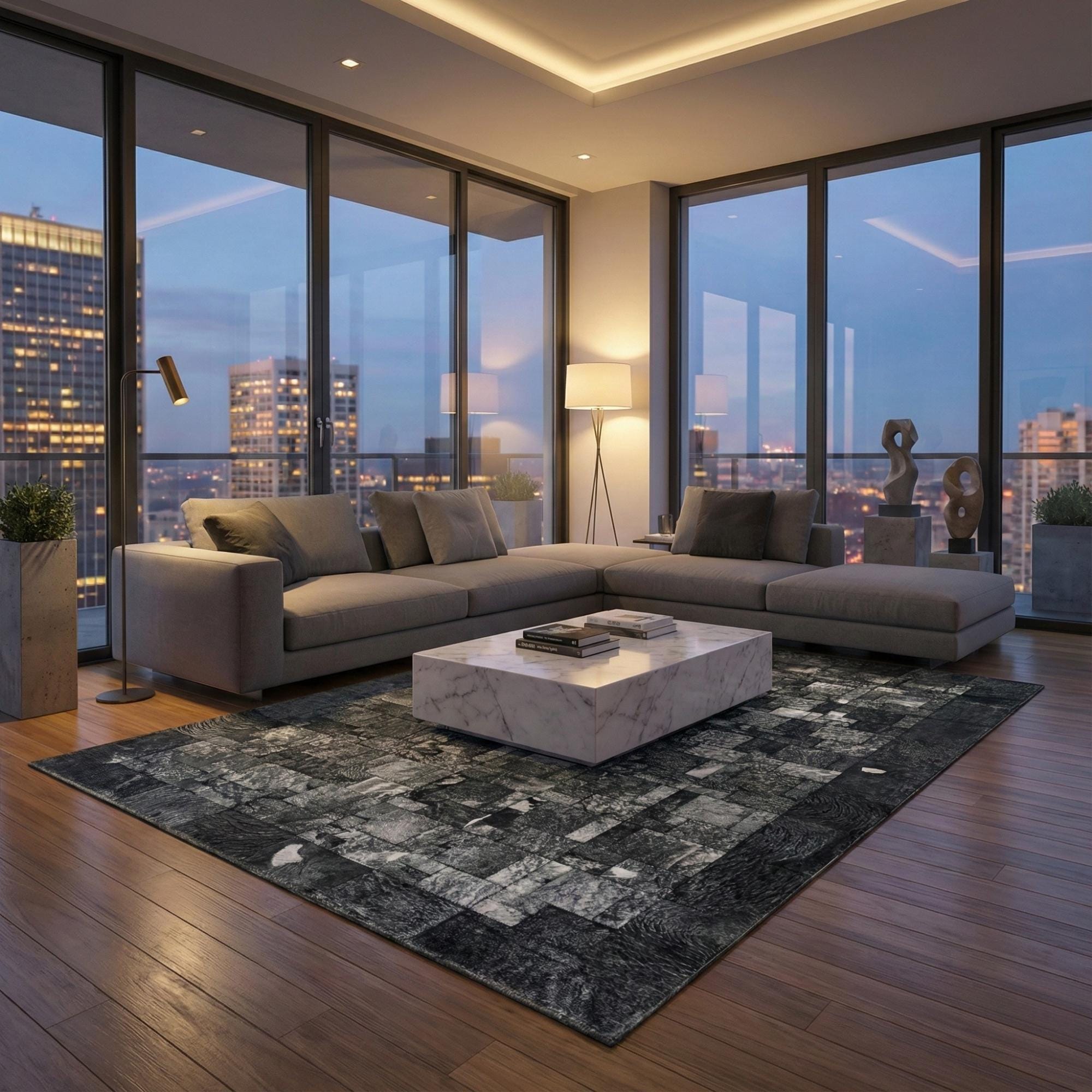 Gray and Silver Cowhide Rug, Modern Geometric Hair-on-Hide Area Rug