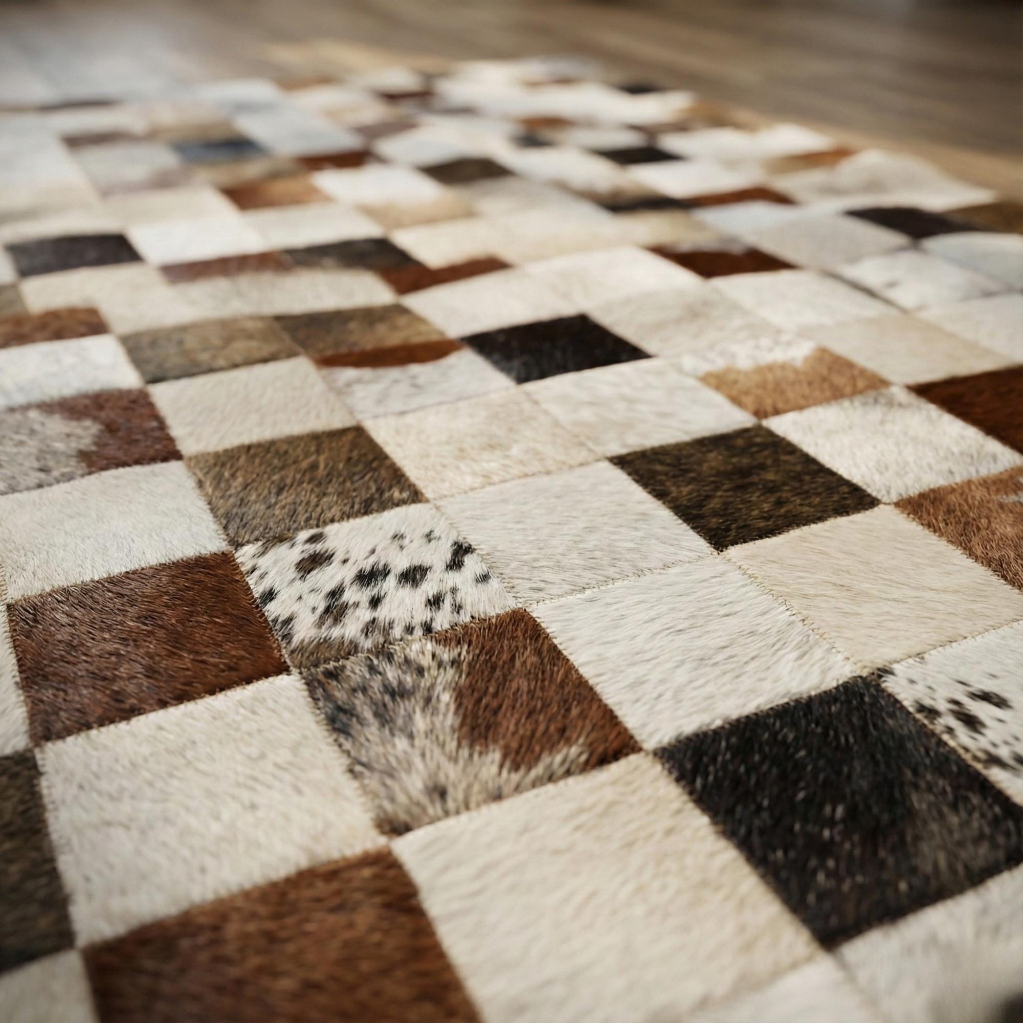 Brown and White Cowhide Rug, Geometric Checkerboard Patchwork,