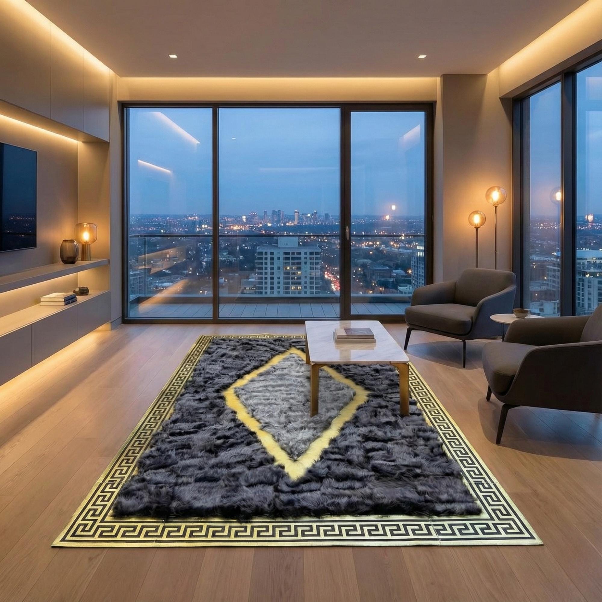 Dark Gray and Gold Tuscan Rug, Modern Geometric Border Area Rug