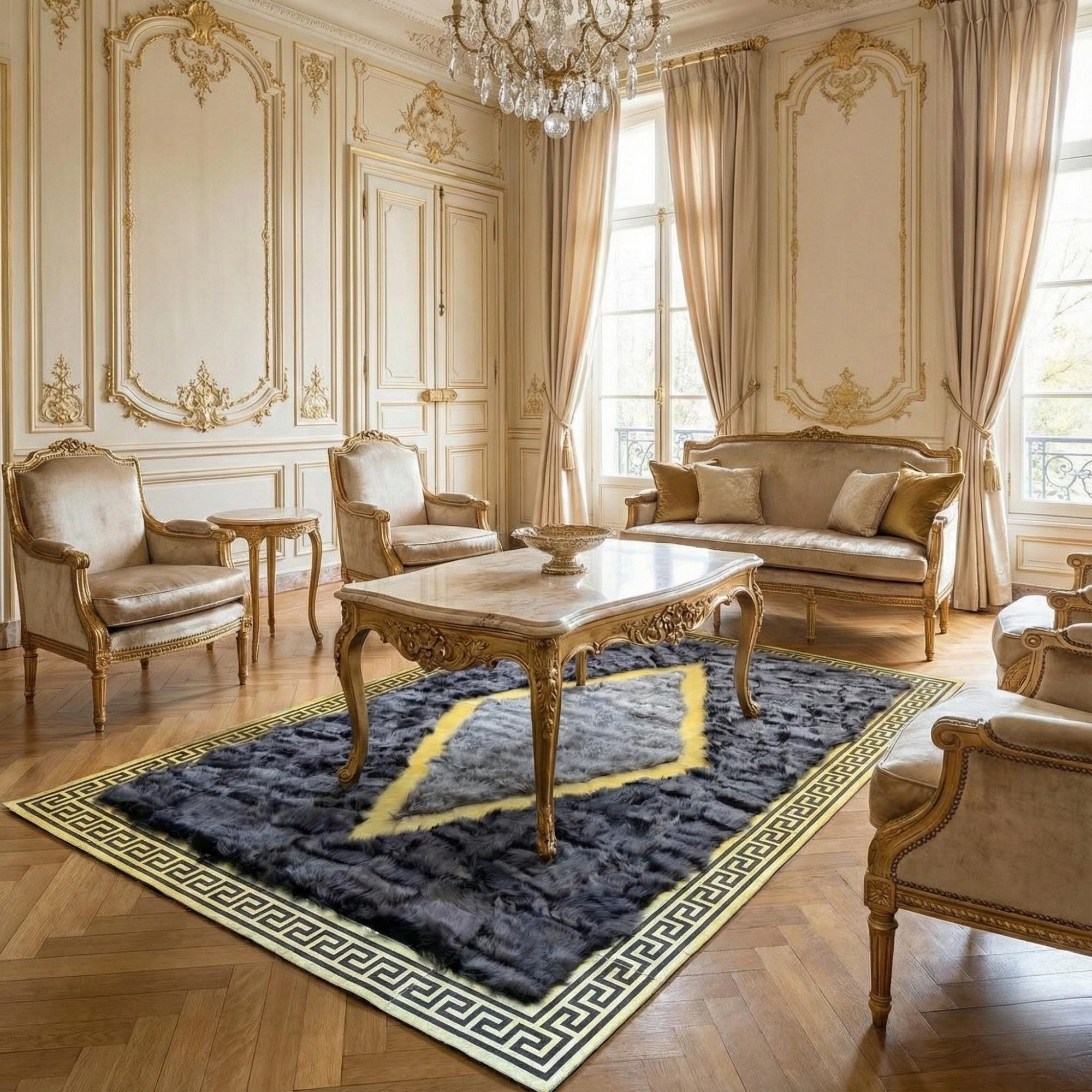 Dark Gray and Gold Tuscan Rug, Modern Geometric Border Area Rug