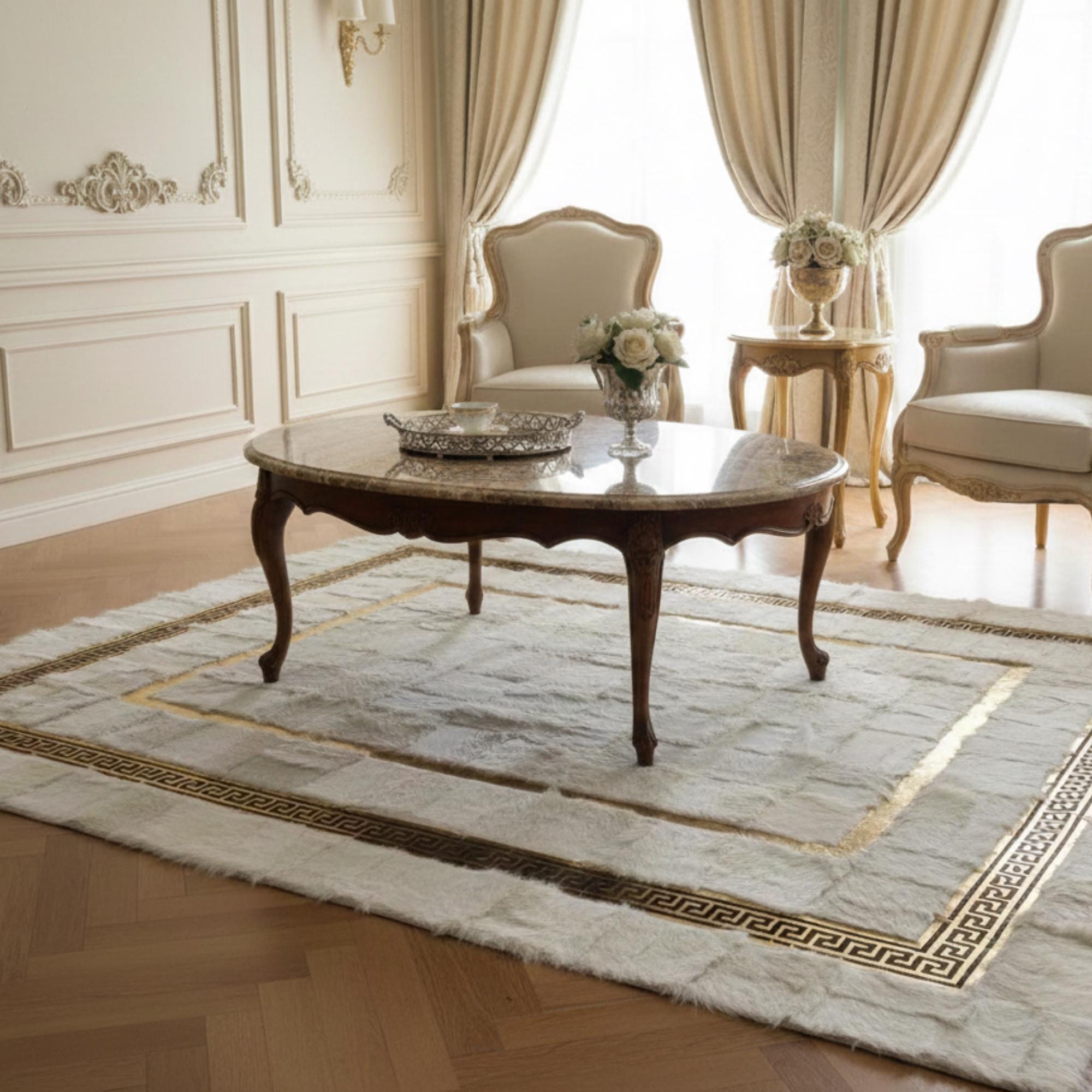Cream and Gold Tuscan Rug, Geometric Border Area Rug,