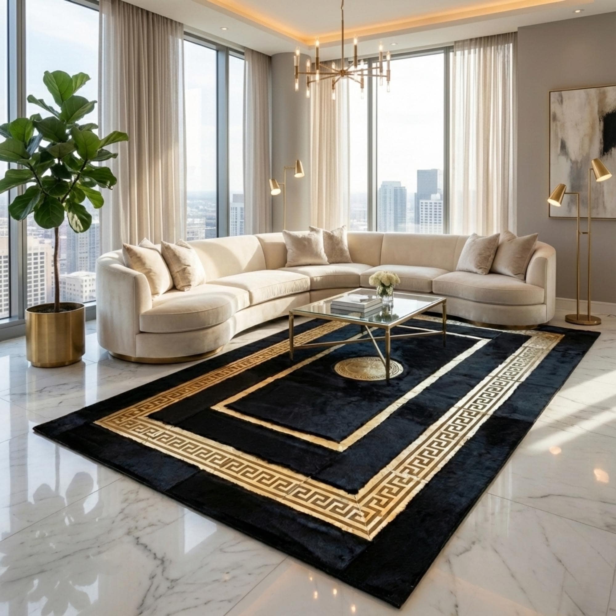 Black and Gold Plush Rug, Luxury Geometric Border Area Rug