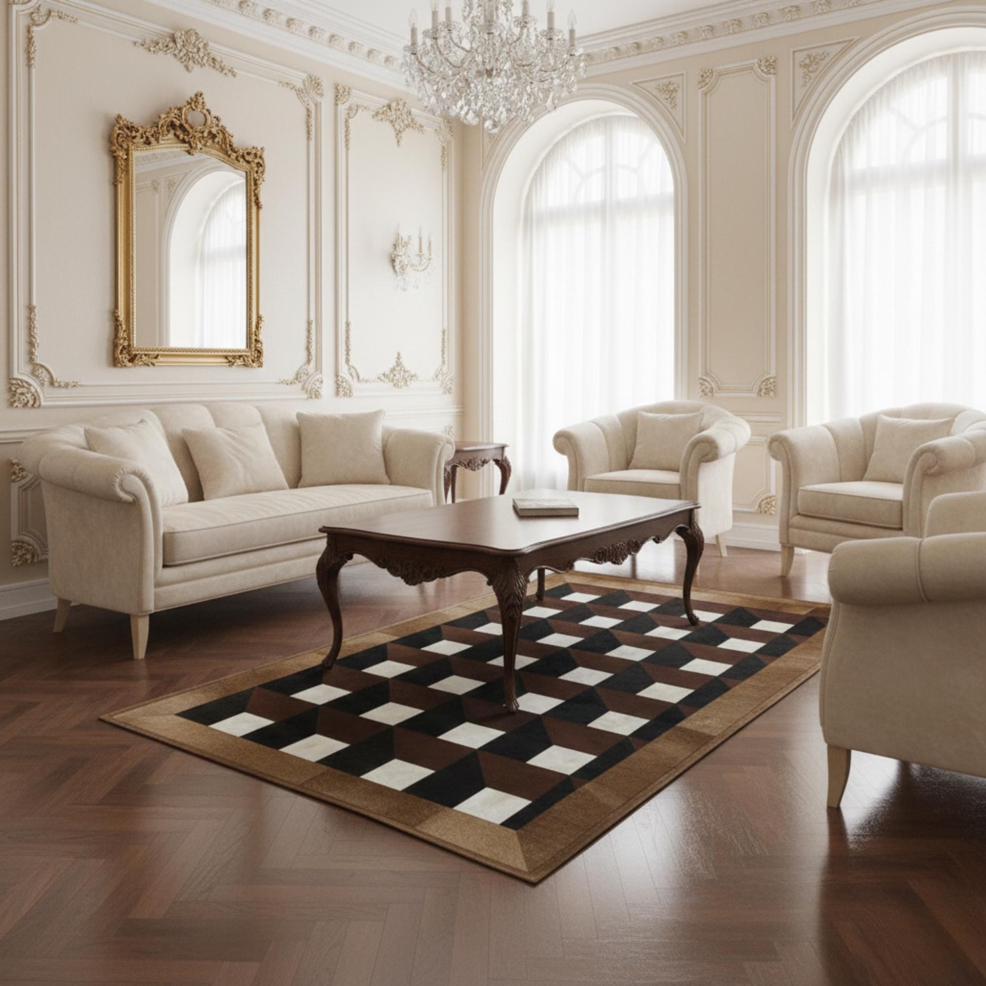 Black and Brown Cowhide Rug, Geometric Patchwork Area Rug