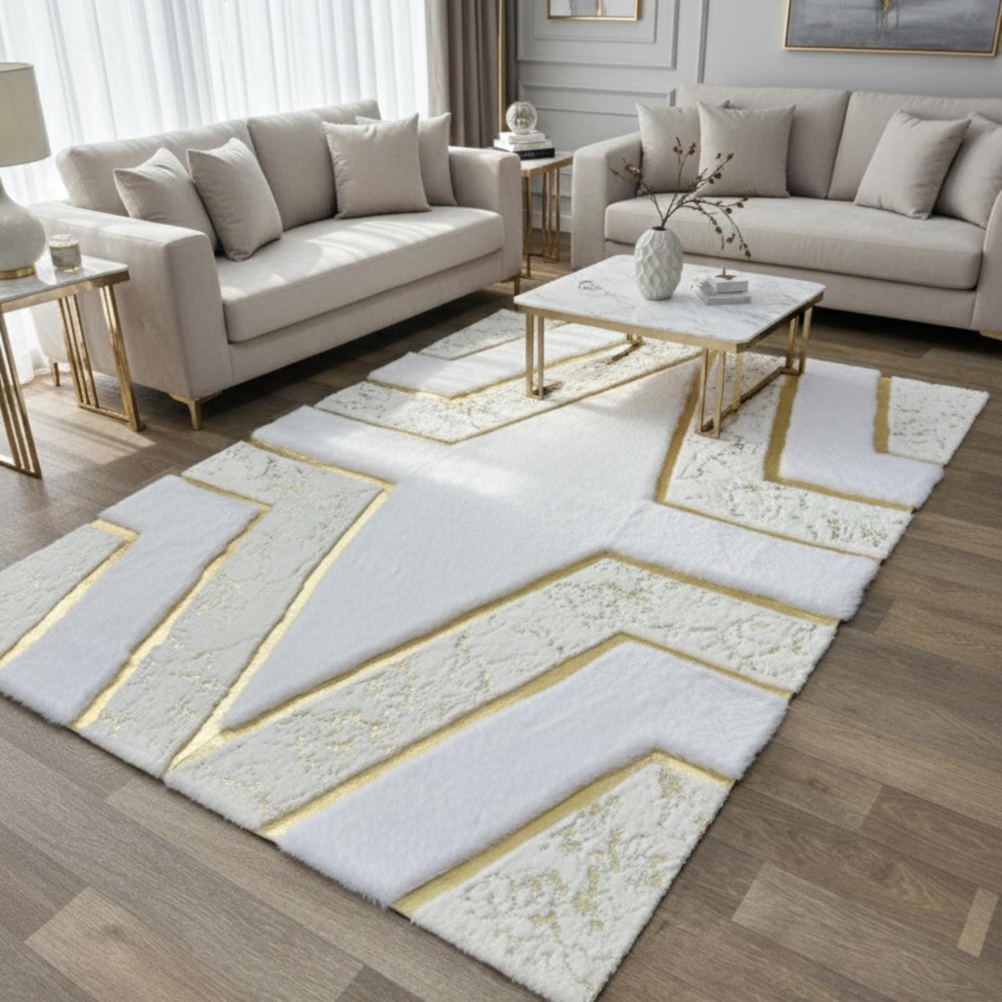 White and Gold Plush Rug, Luxury Geometric Border Area Rug,
