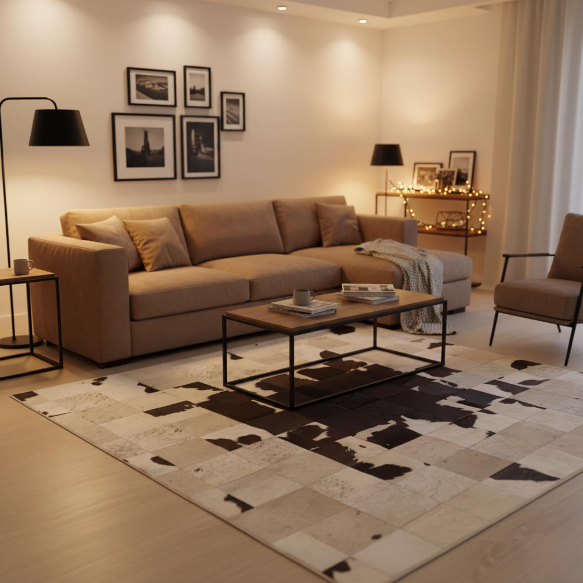 Handmade Patchwork Cowhide Rug, Brown and White Genuine Leather Rug