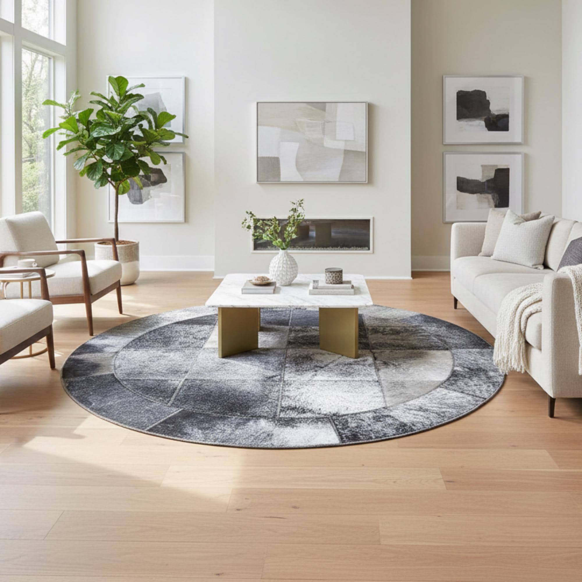 Gray Round Cowhide Rug, Modern Geometric Circle Patchwork,