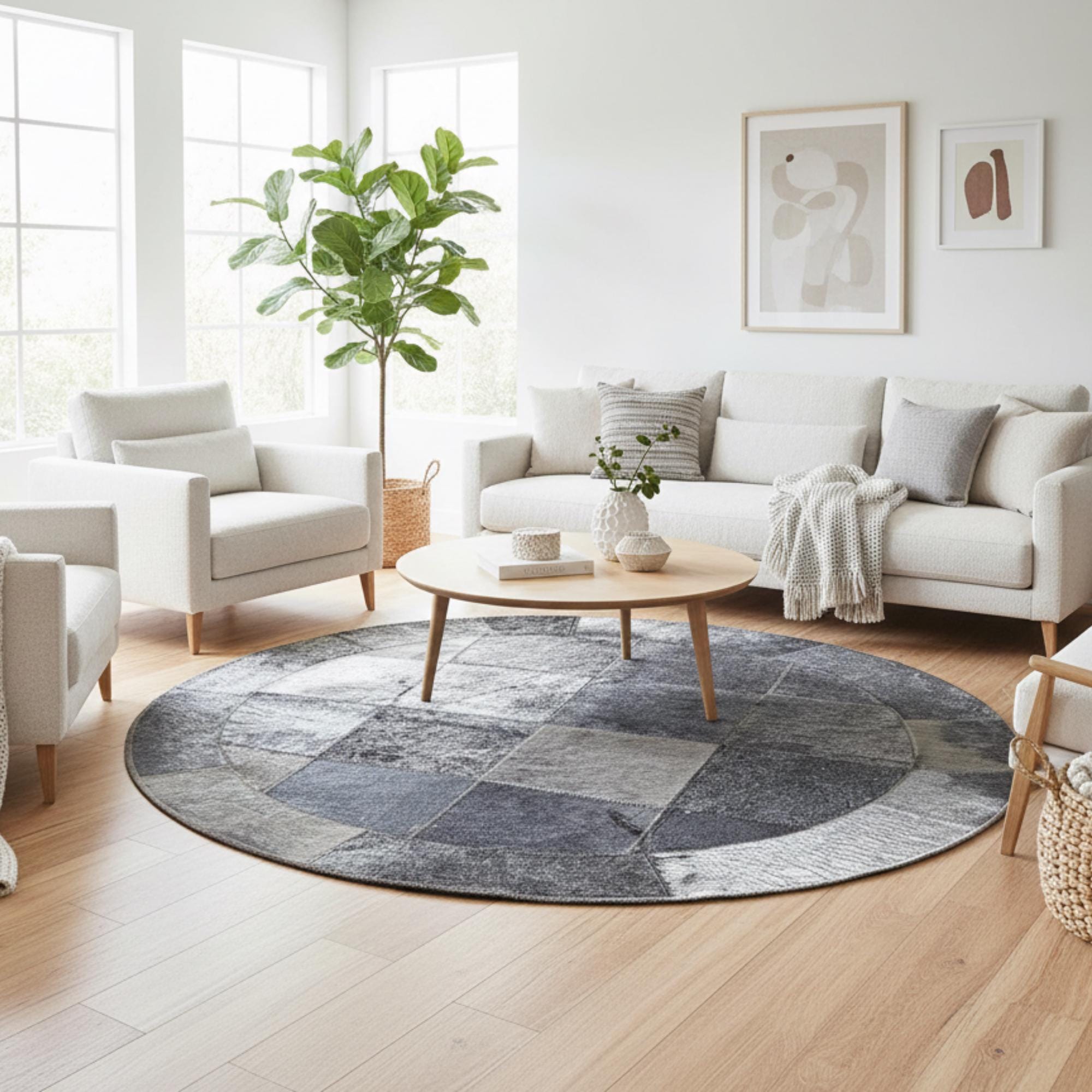 Gray Round Cowhide Rug, Modern Geometric Circle Patchwork,