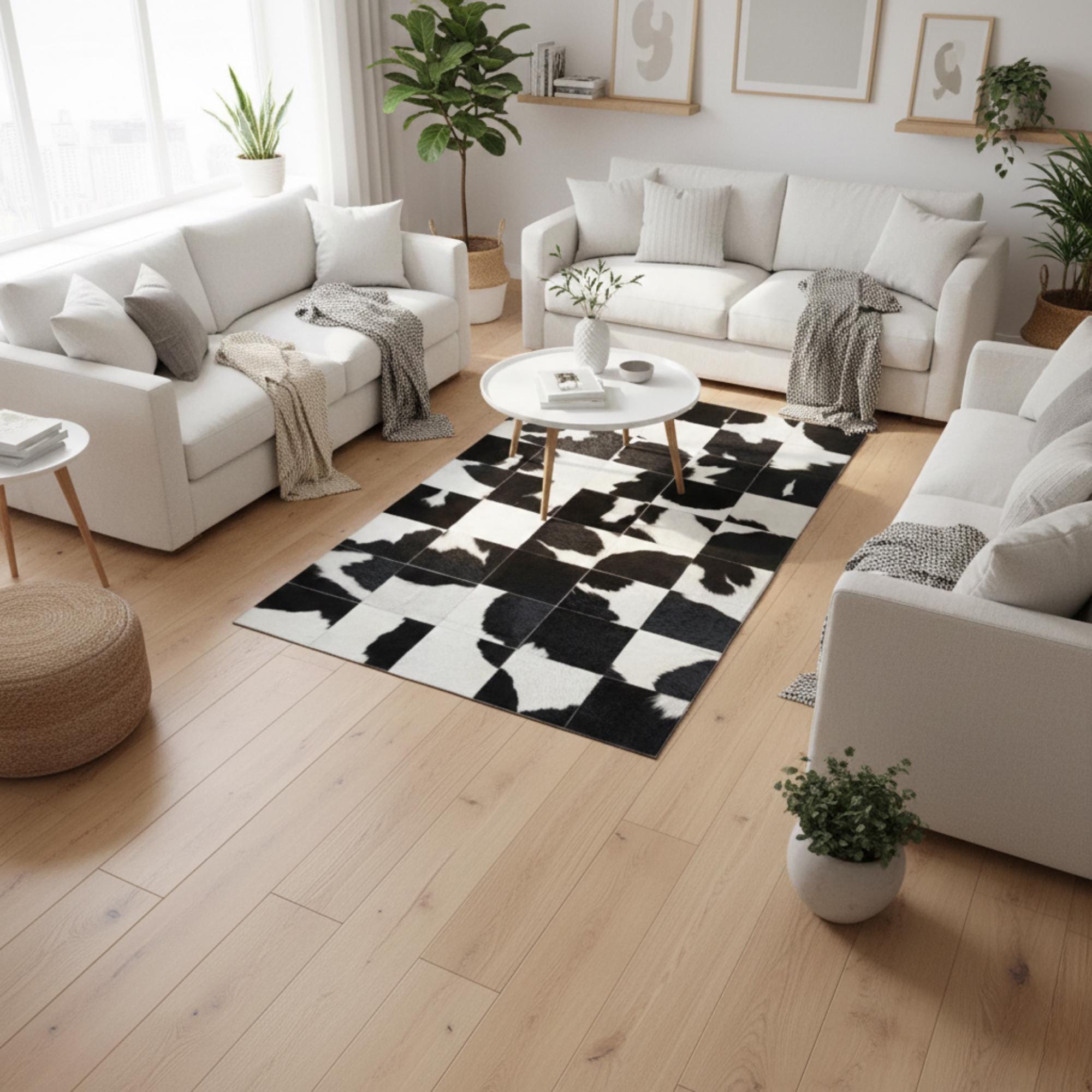 Black and White Cowhide Rug, Geometric Checkerboard Patchwork