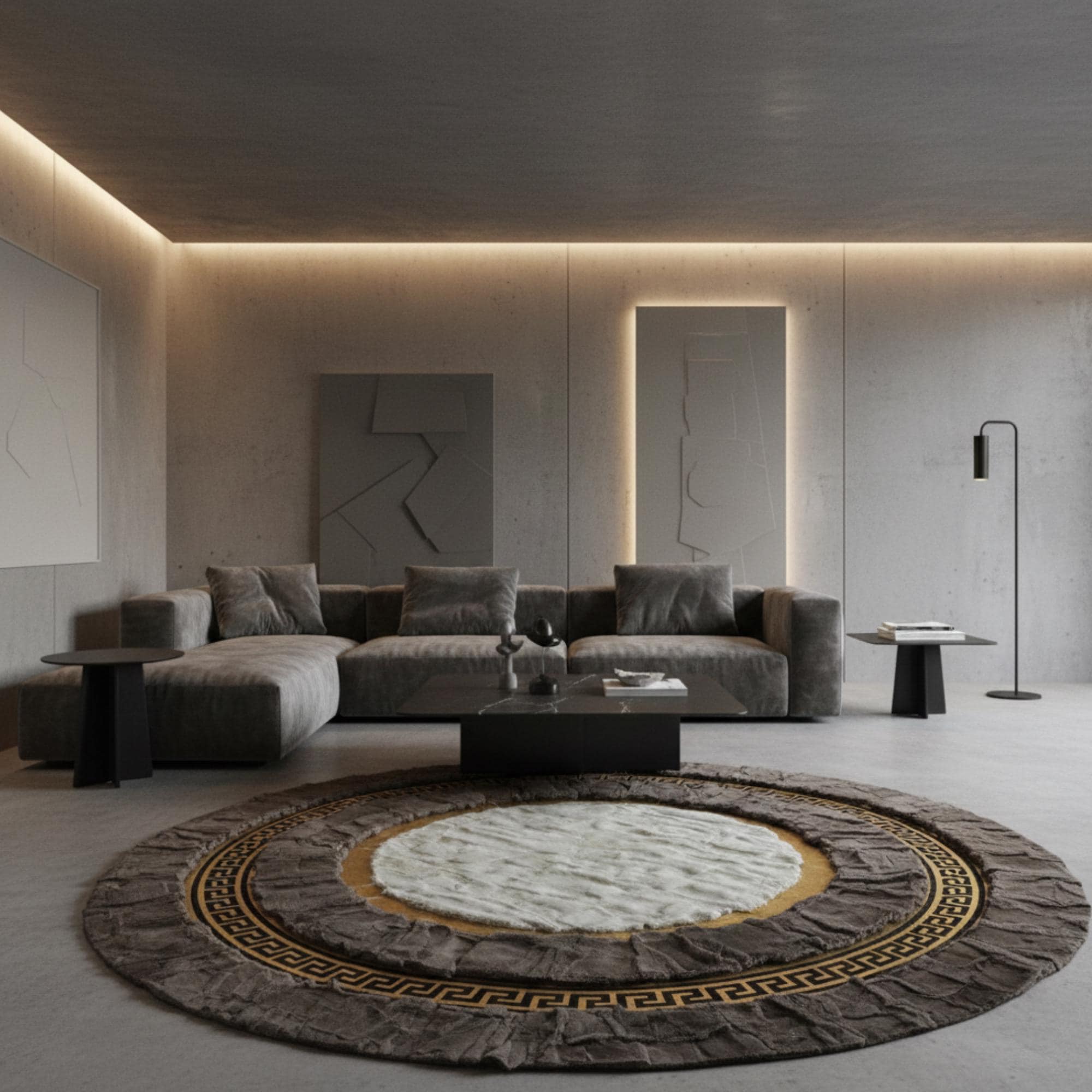 Brown and White Rabbit Fur Round Rug, Luxury Gold Border Circle Rug,