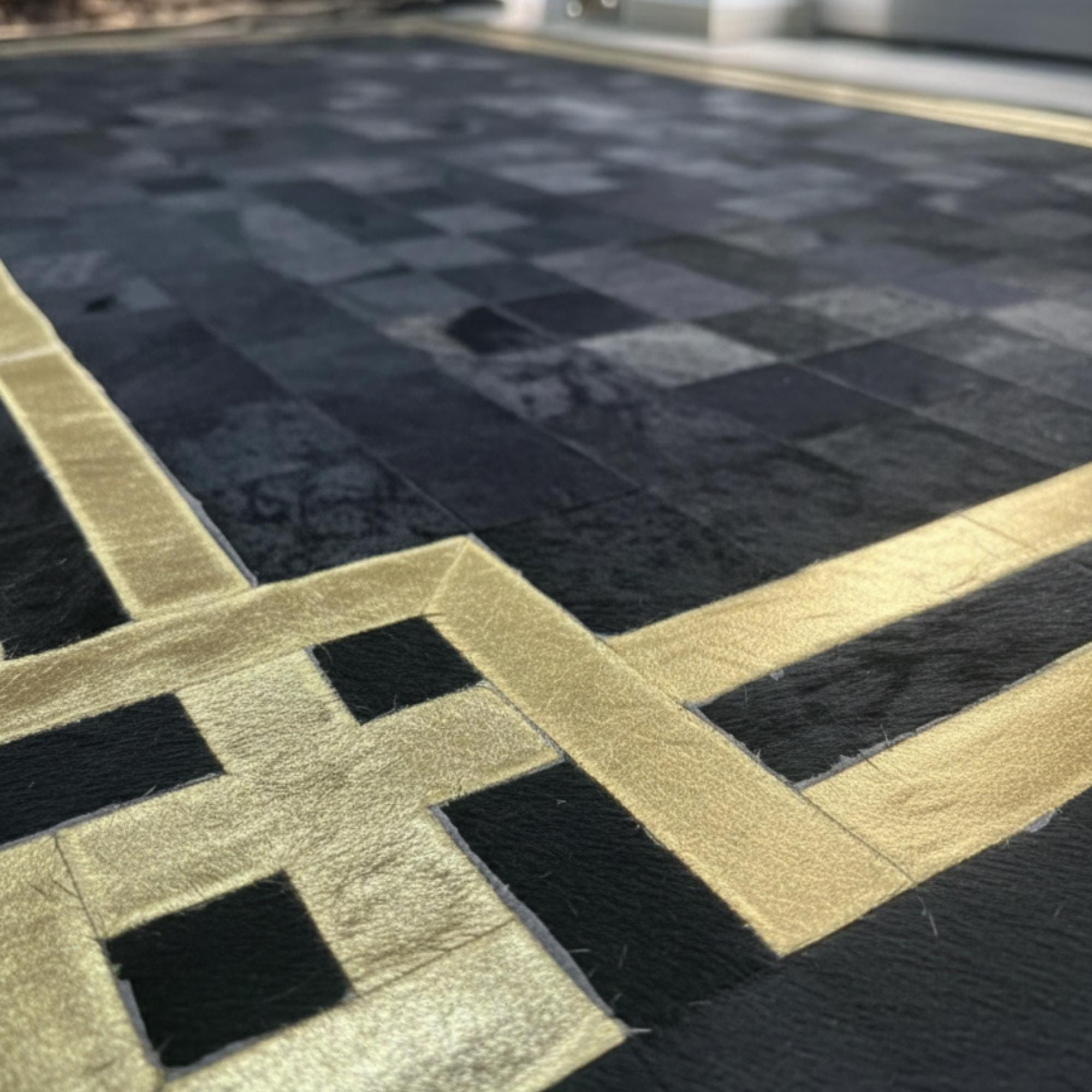 Black and Gold Cowhide Rug, Luxury Geometric Border Area Rug,
