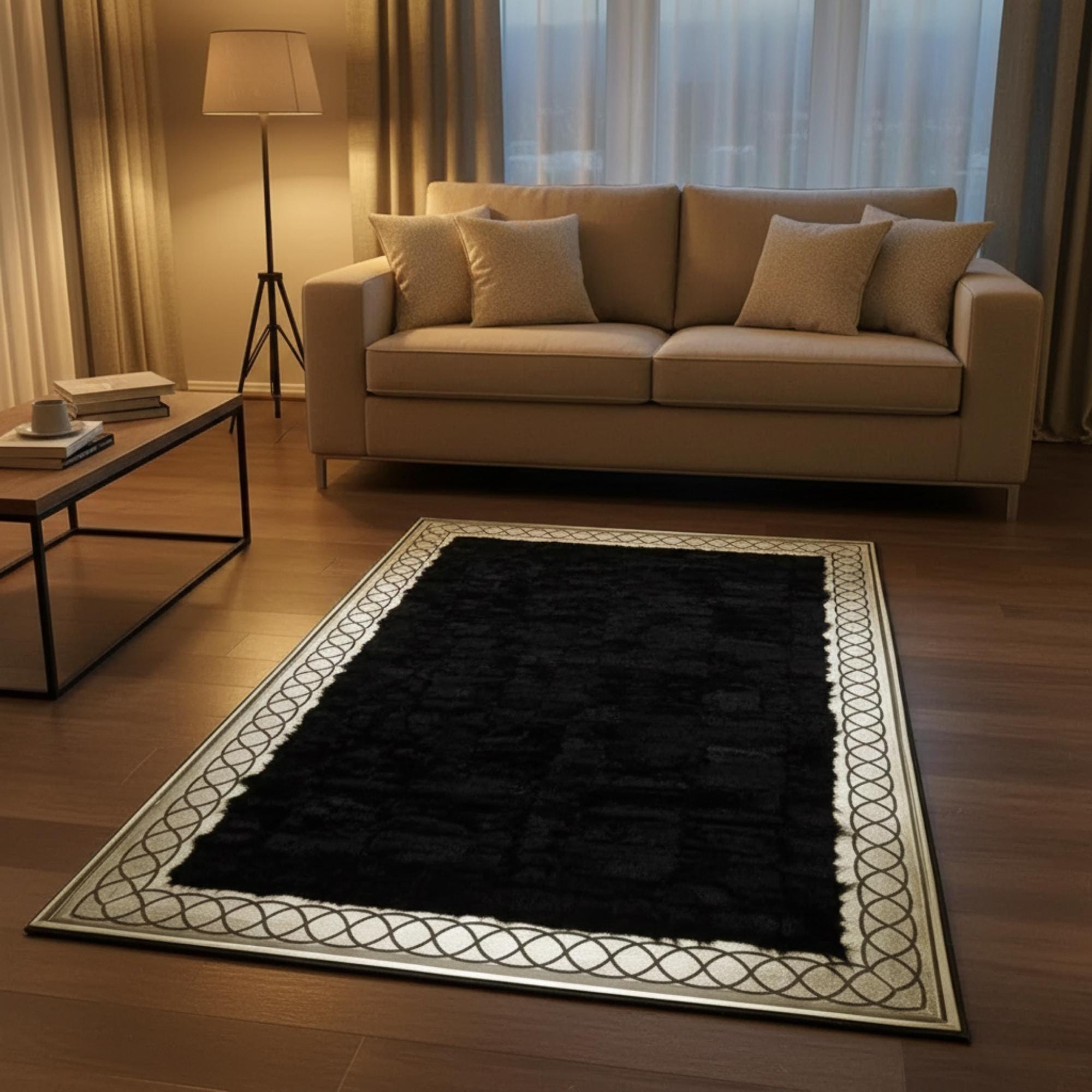 Black and Gold Tuscan Rug, Geometric Border Patchwork,