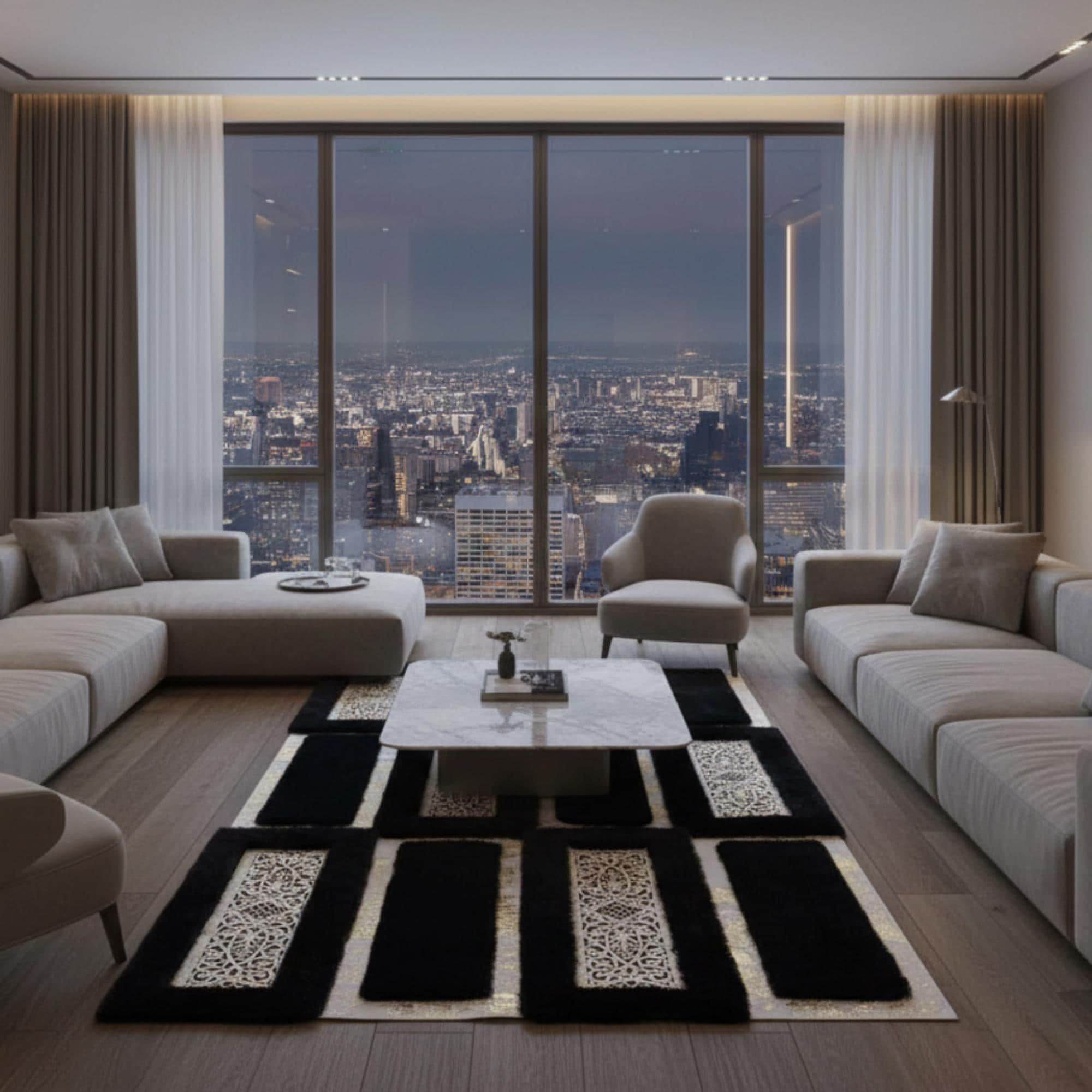 White and Black Plush Rug with Gold Border, Area Rug, Luxury Geometric Fur Carpet