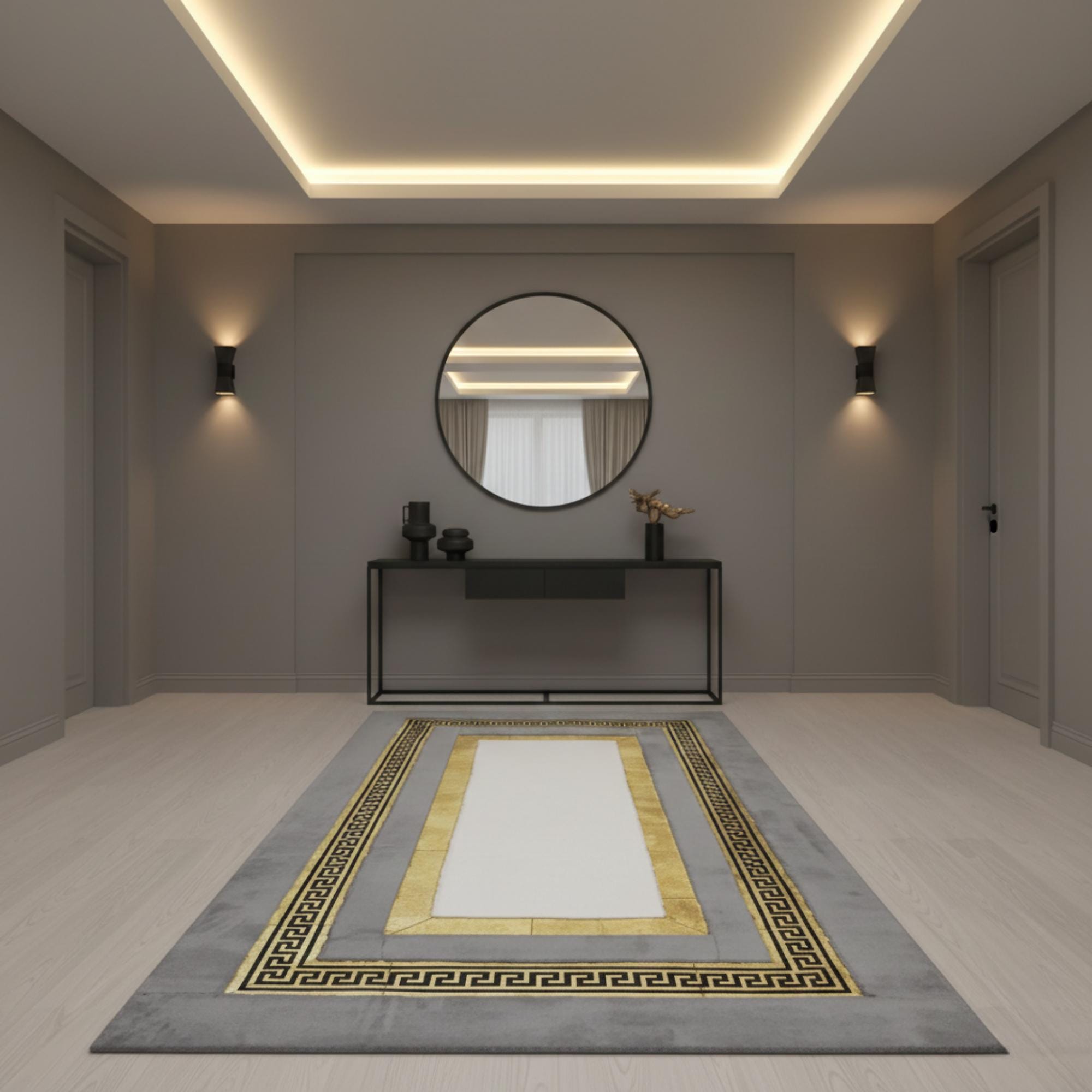 Gray and White Plush Rug with Gold Border,