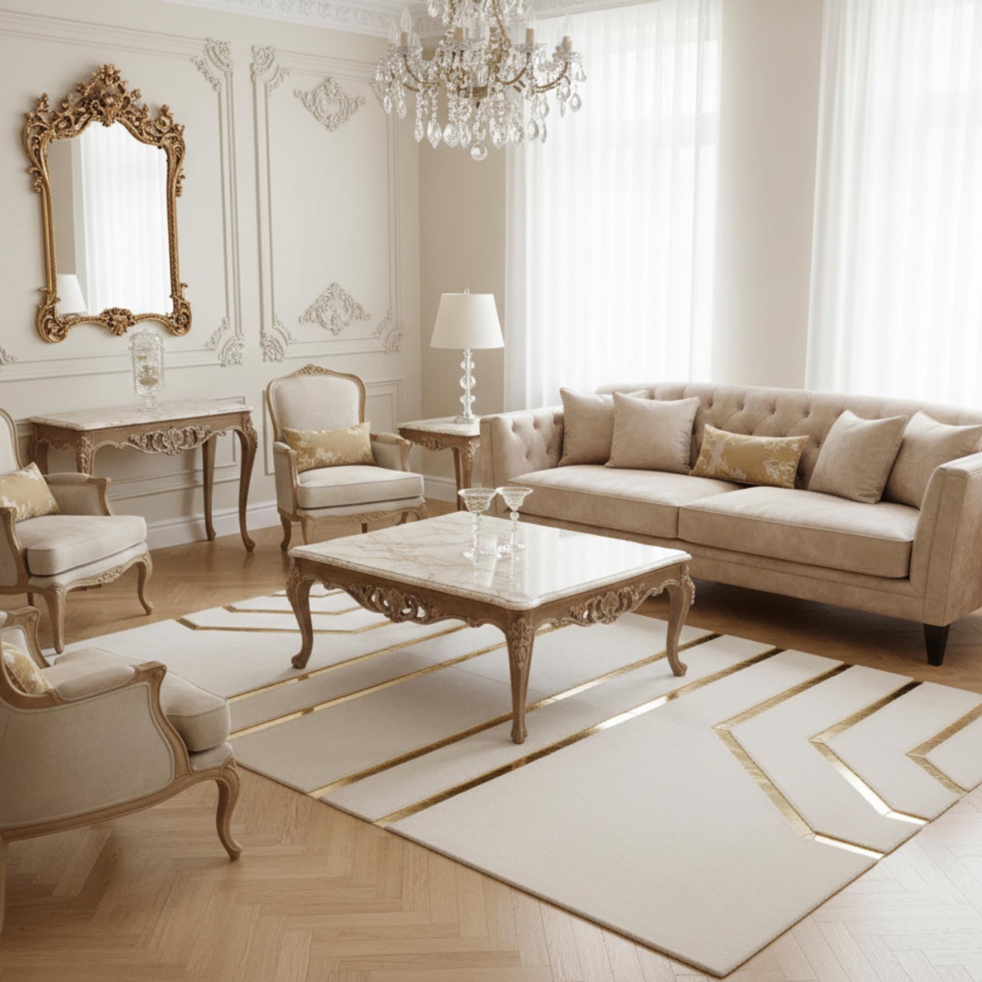 White and Gold Plush Rug, Modern Geometric Line Area Rug, Soft Faux Fur Carpet