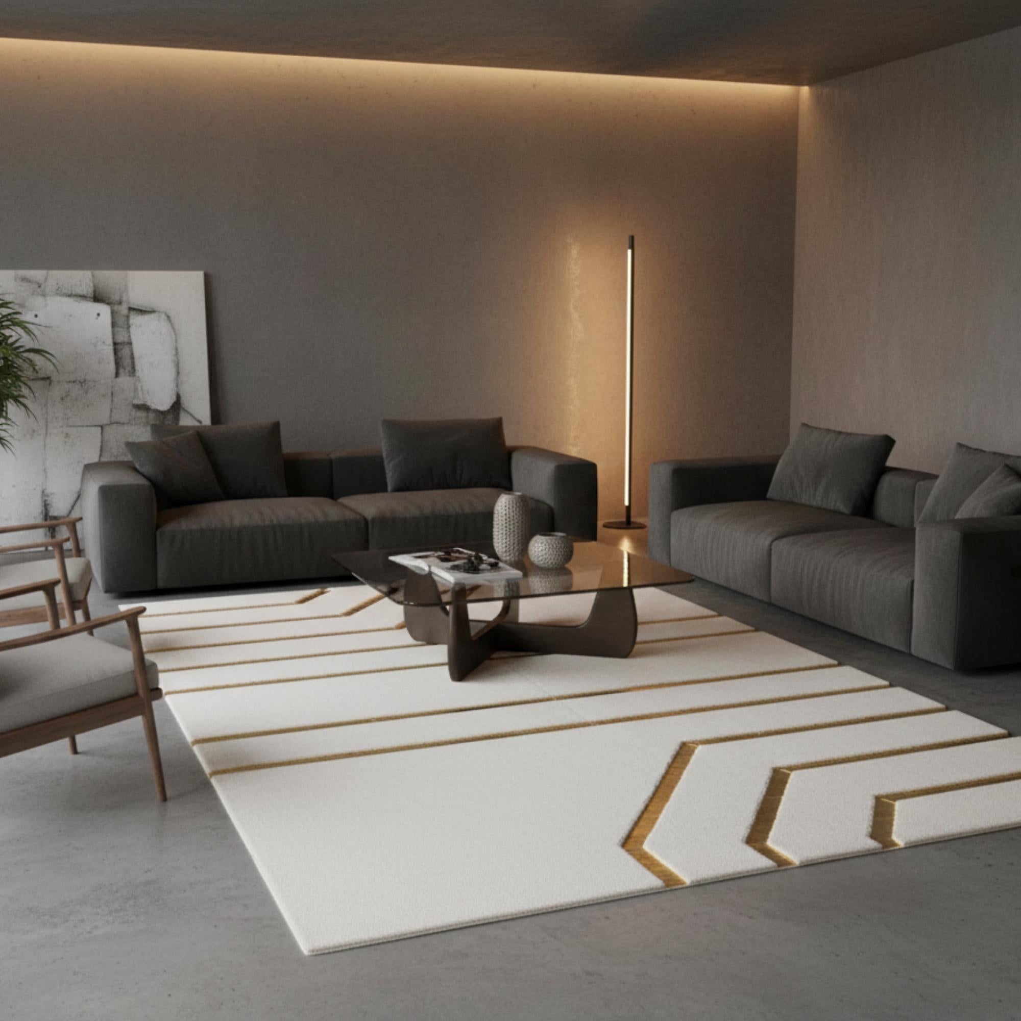 White and Gold Plush Rug, Modern Geometric Line Area Rug, Soft Faux Fur Carpet