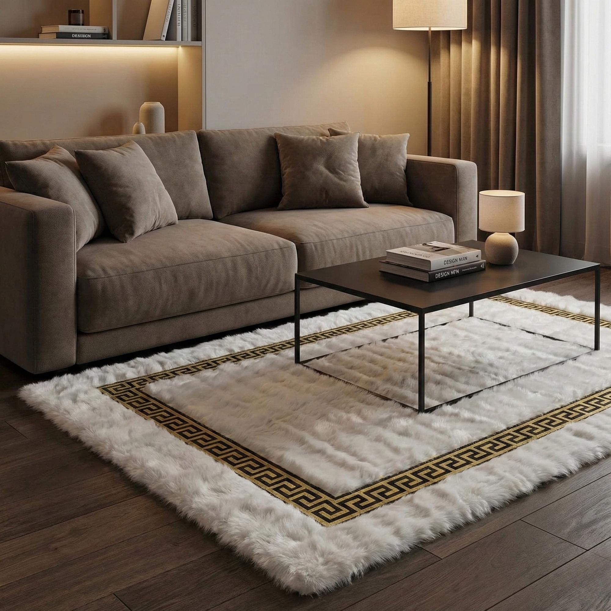 White and Gold Plush Rug, Luxury Geometric Border Area Rug, Modern Faux Fur Carpet,
