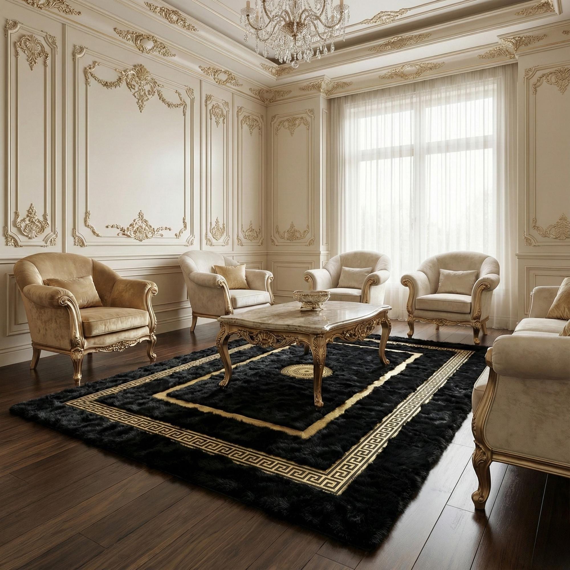 Tuscan Black and Gold Rug, Luxury Plush Area Rug with Greek Key Border,