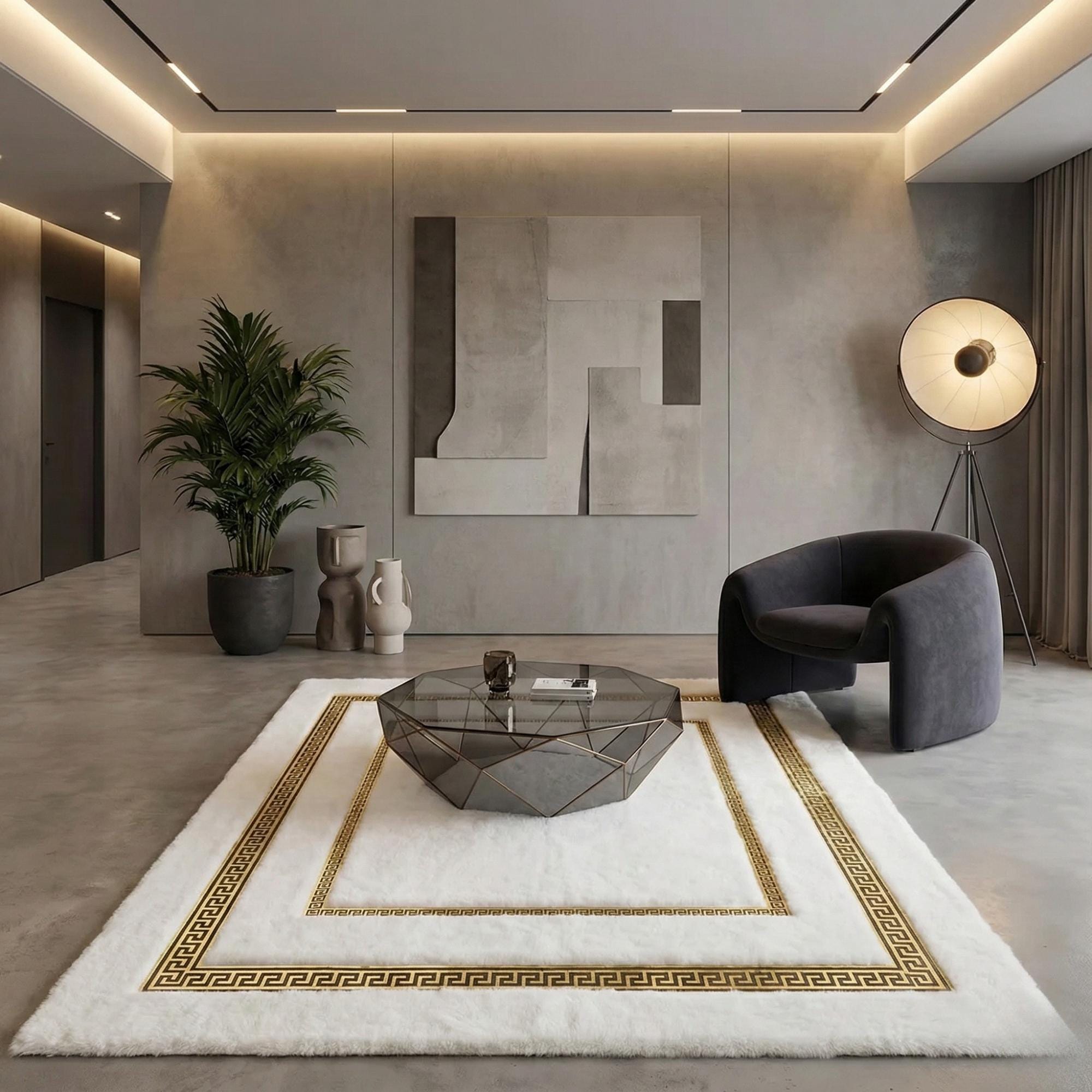 White and Gold Plush Rug, Luxury Golden Border Area Rug, Modern Faux Fur Carpet,