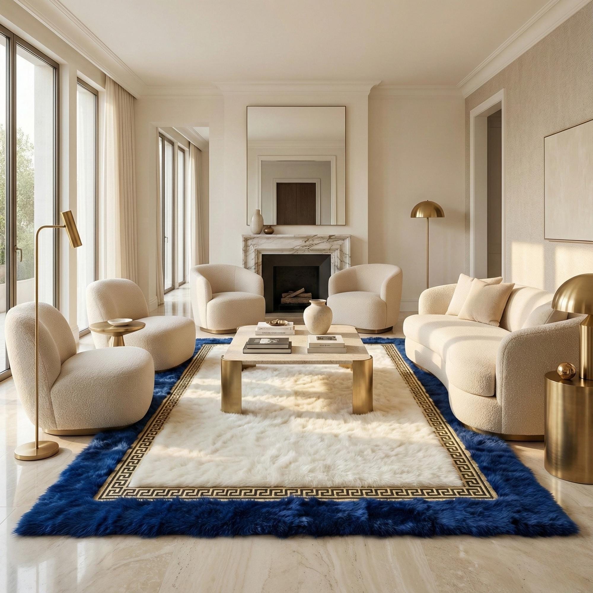 Blue and White Tuscan Fur Rug, Royal Navy Plush Area Rug