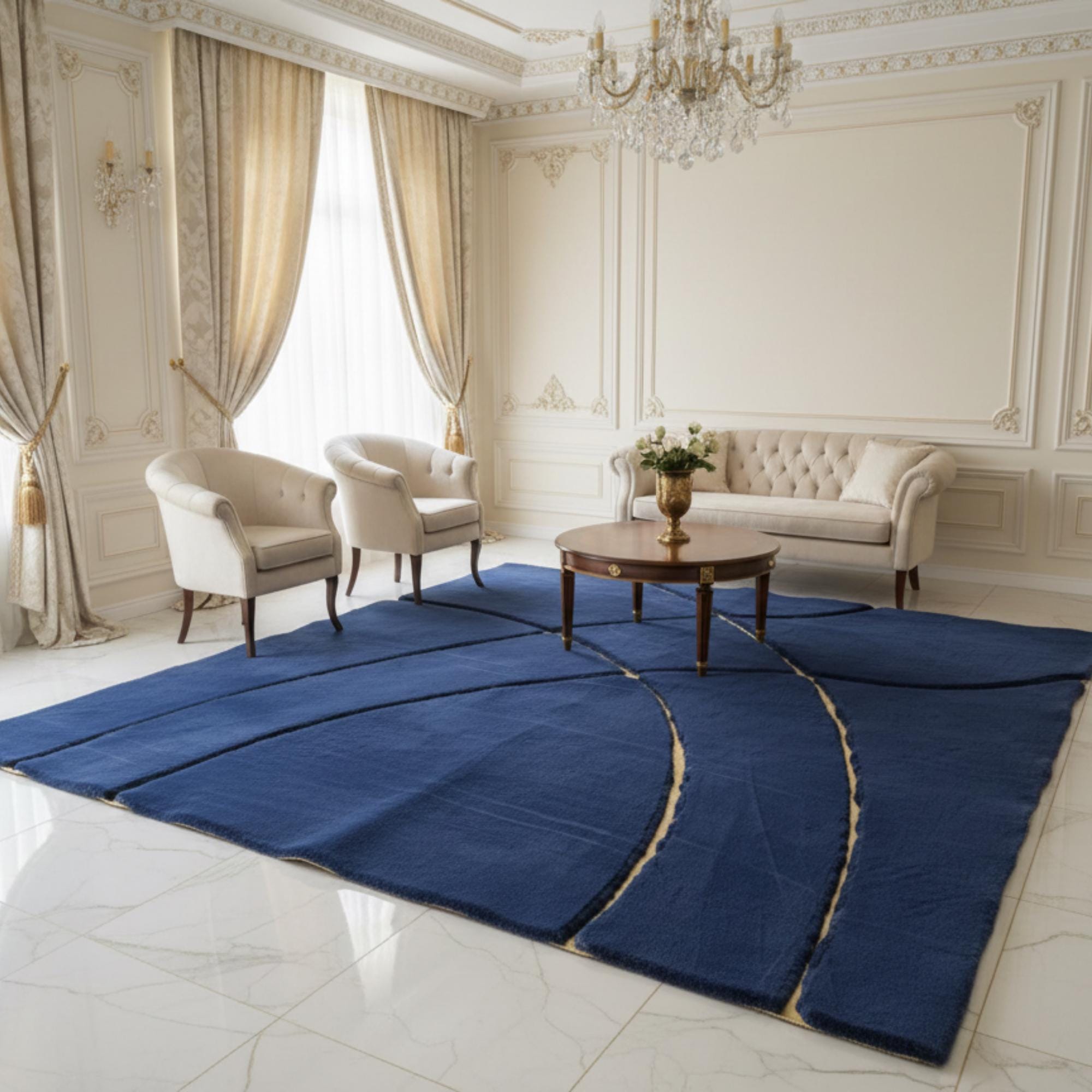 Midnight Navy Blue Plush Rug, Abstract Gold Line Art Carpet,