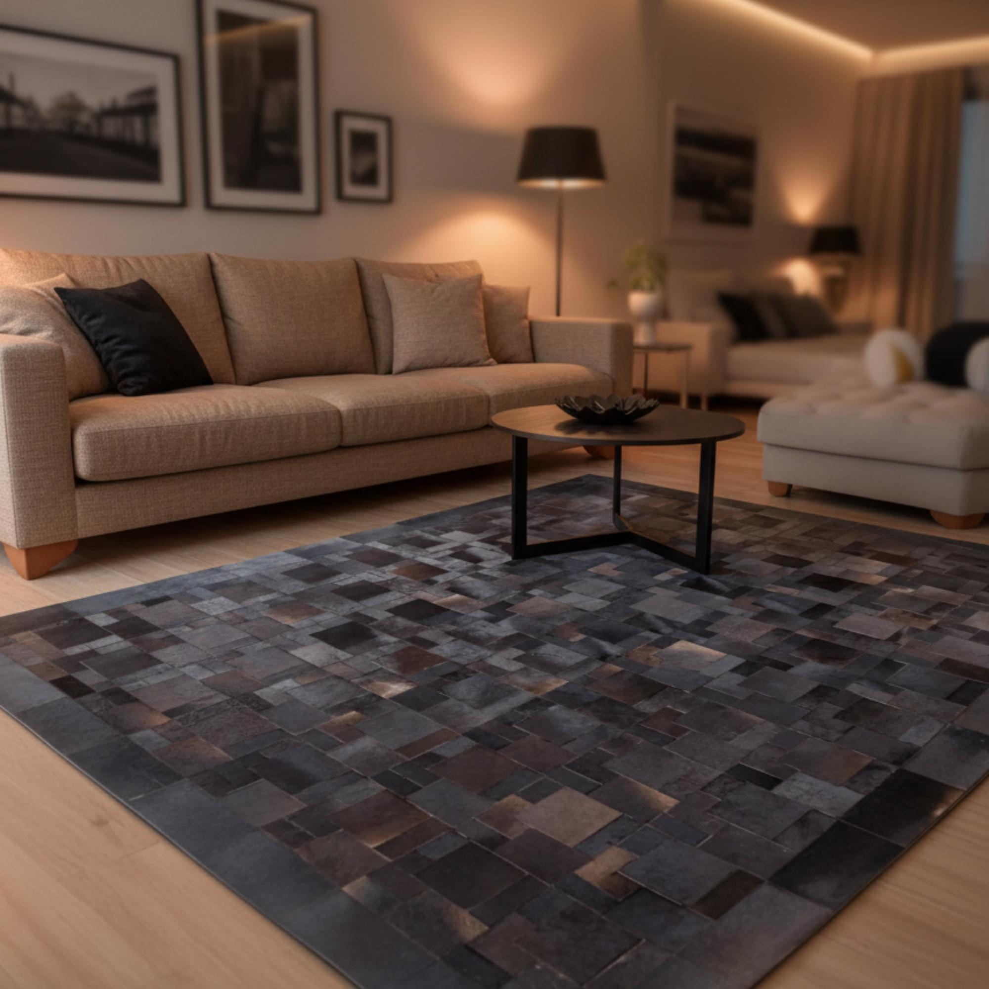 Patchwork Cowhide Rug, Geometric Square Area Rug, Natural Black Brown White