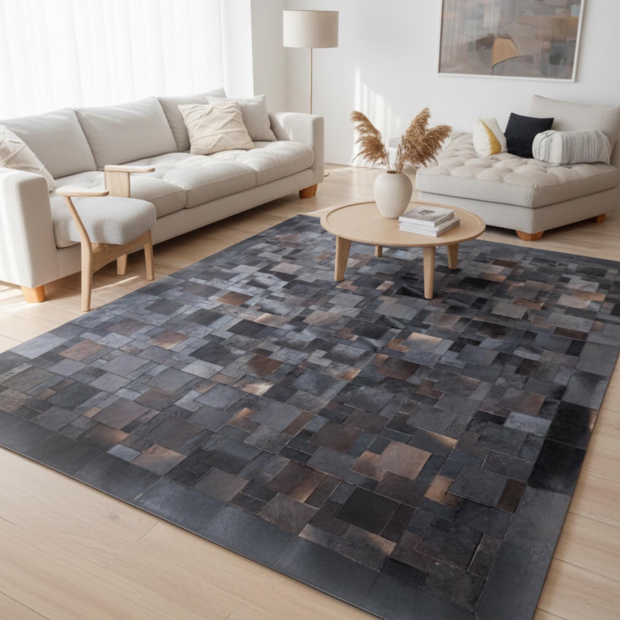 Patchwork Cowhide Rug, Geometric Square Area Rug, Natural Black Brown White