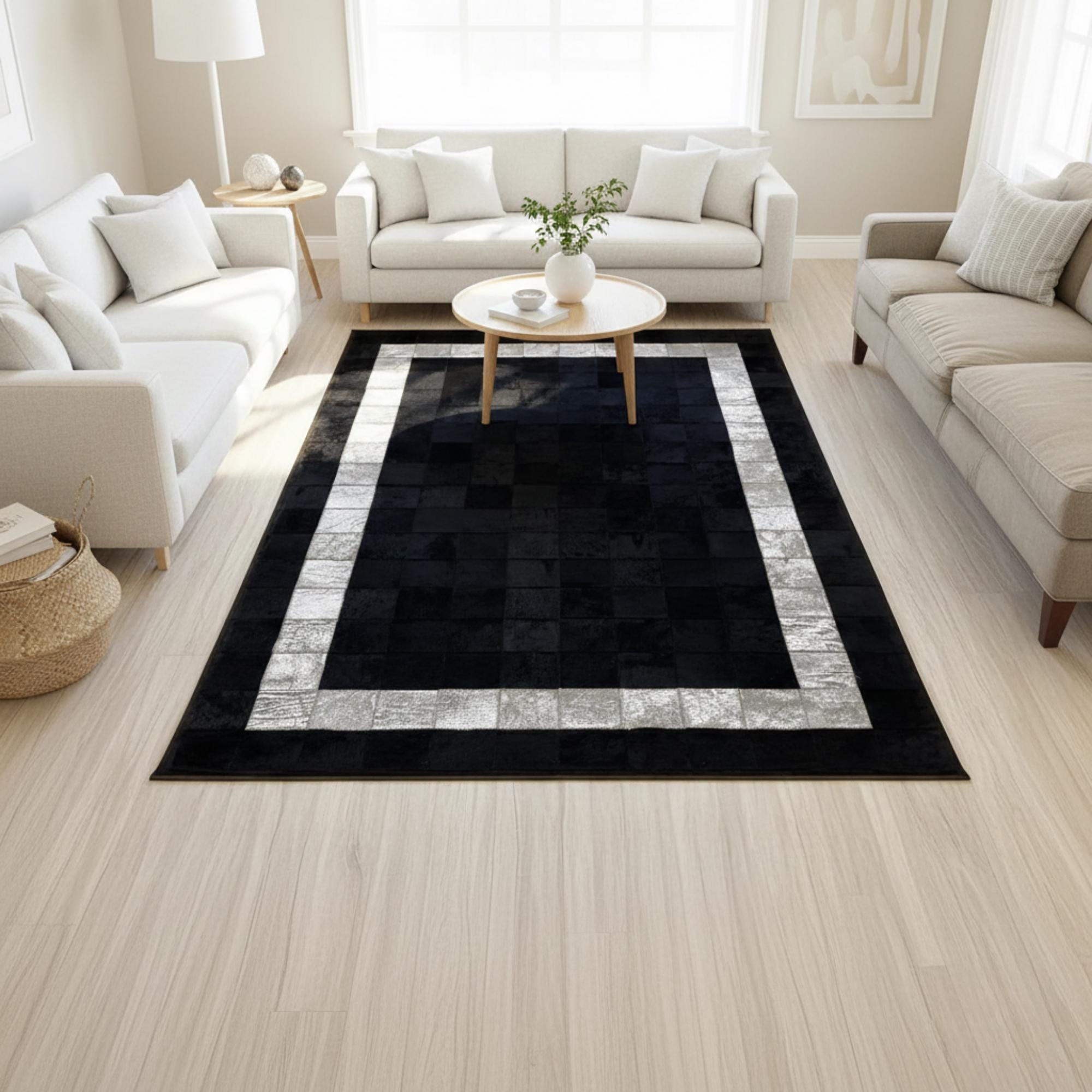 Black and Gray Cowhide Rug, Monochrome Geometric Patchwork