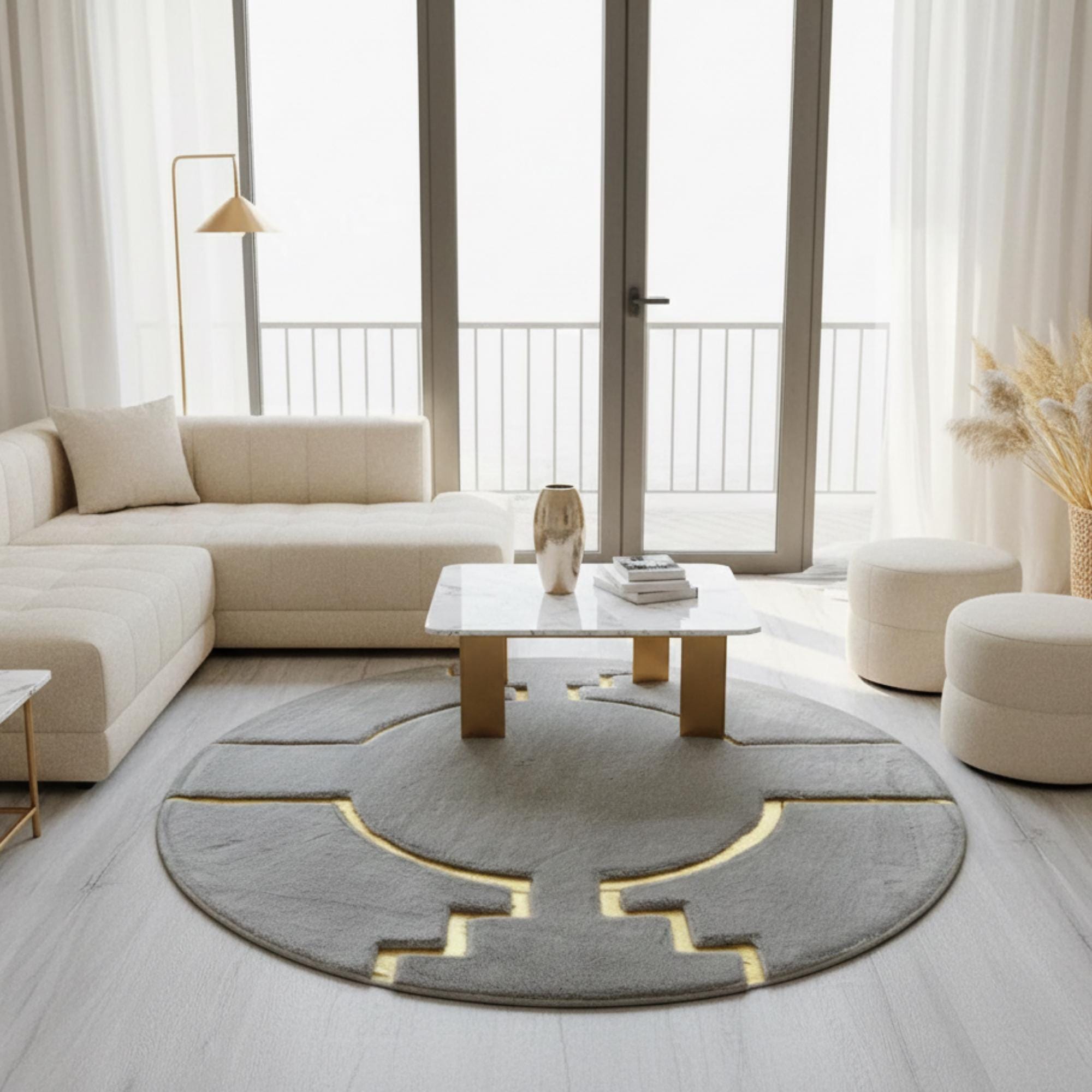 Gold and Gray Round Plush Rug, Luxury Circle Floor Mat,