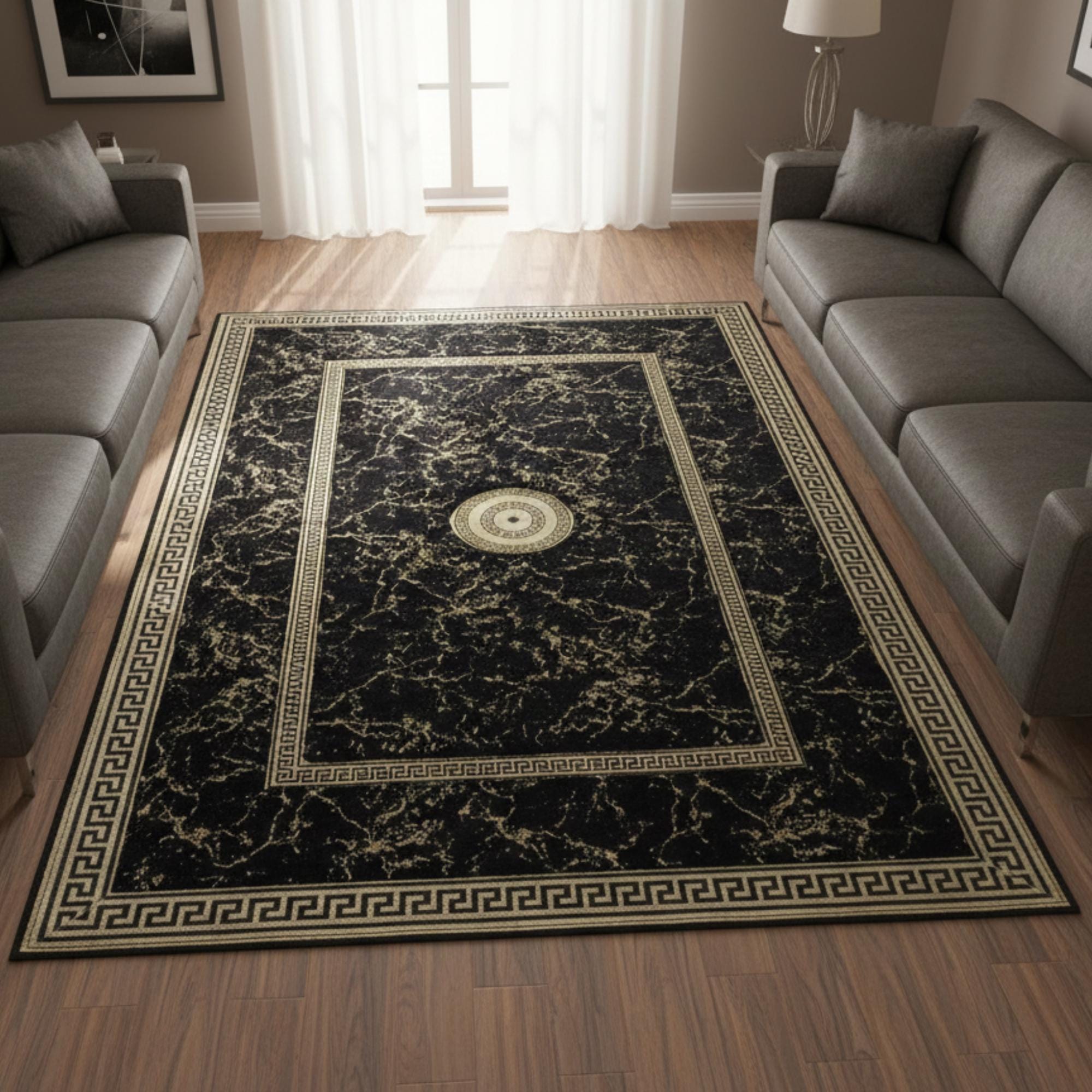 Black and Gold Plush Rug, Luxury Geometric Border, Custom Size