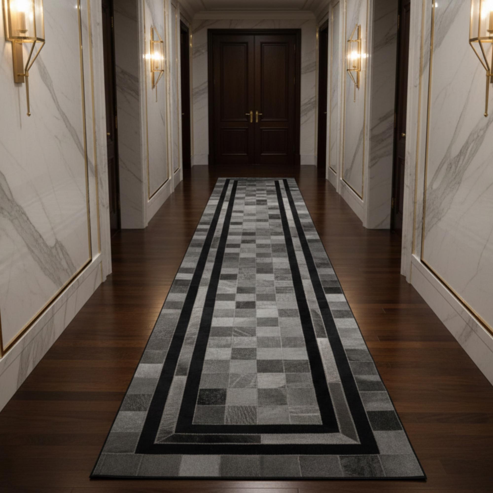 Black and Gray Cowhide Runner Rug, Geometric Patchwork, Modern Hallway
