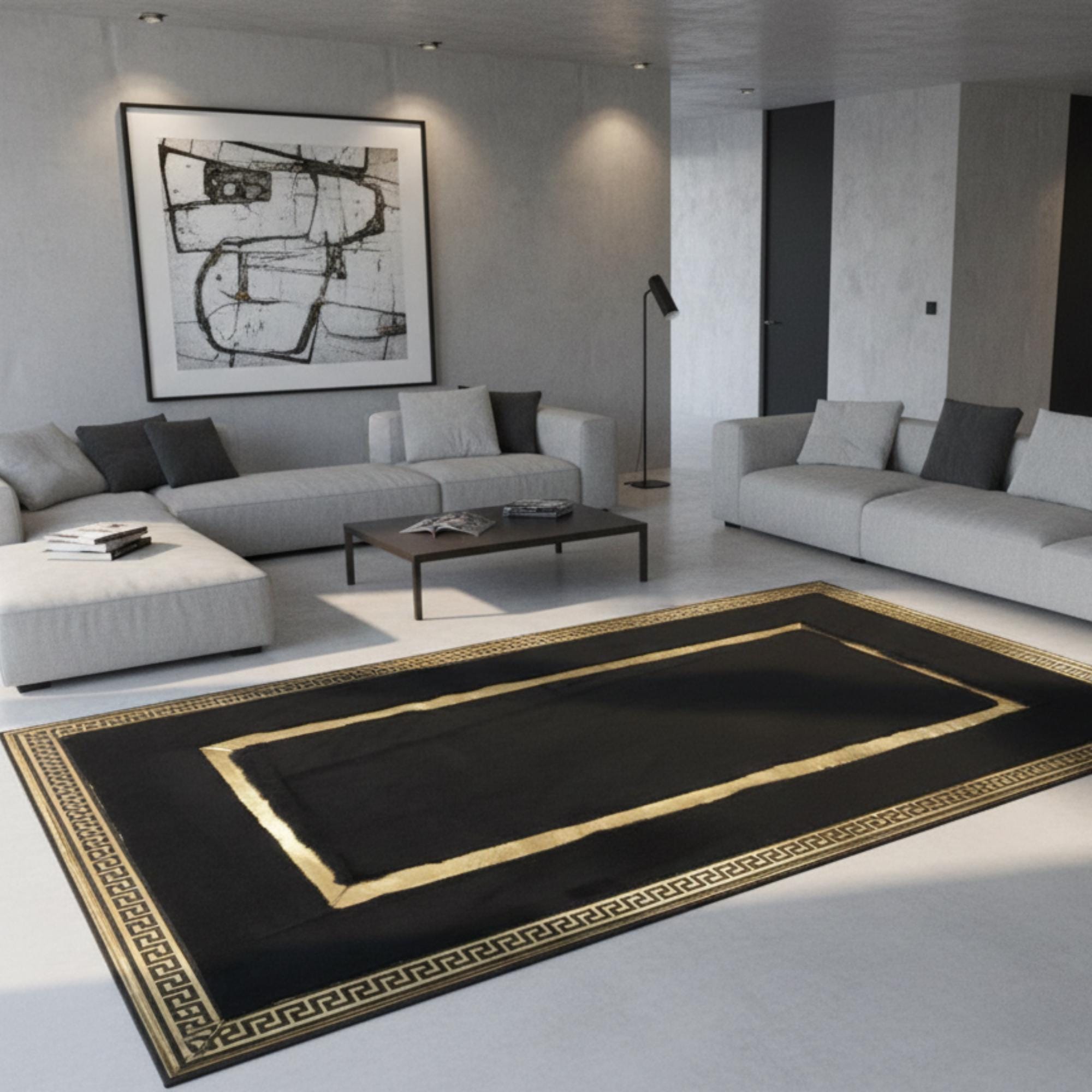 Luxury Living Room Rug, Black and Gold Area Rug, Soft Bedroom Rug,