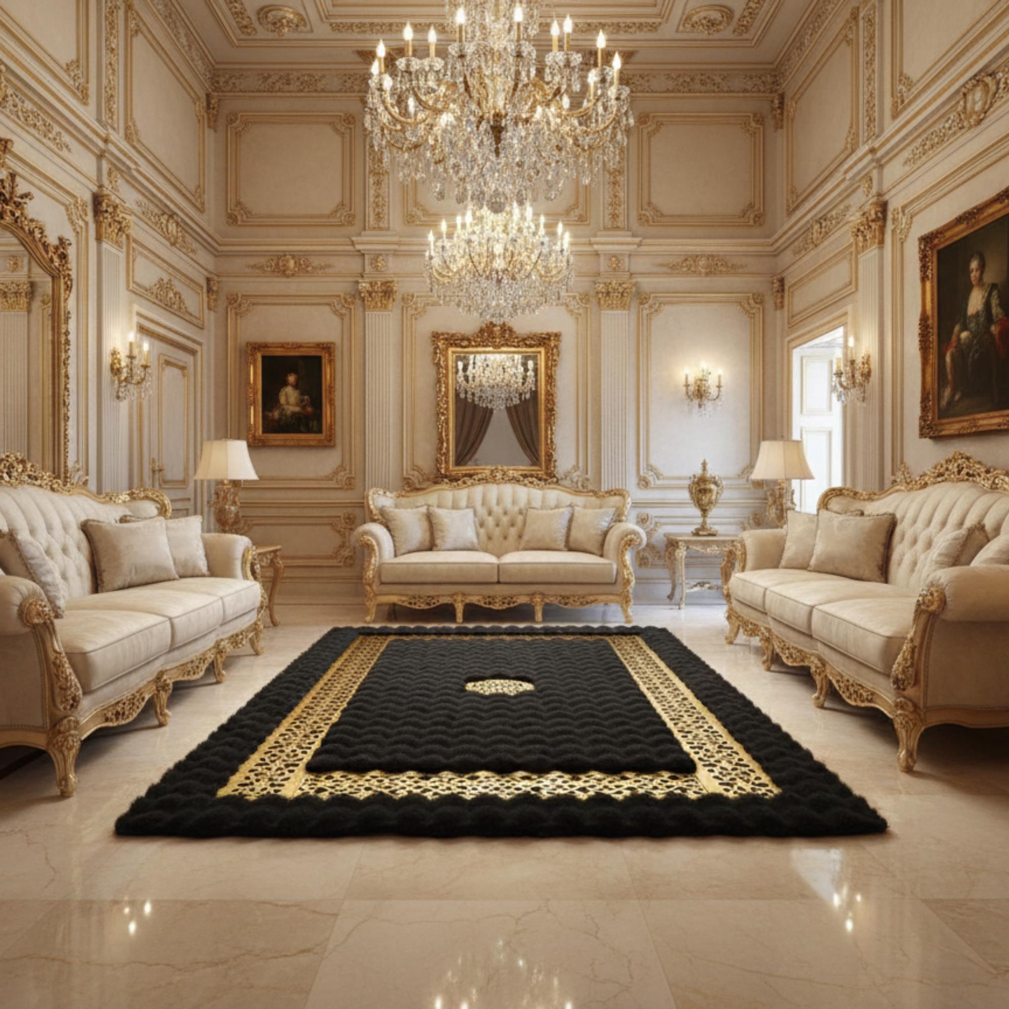 Luxury Black and Gold Area Plush Rug for Living Room,