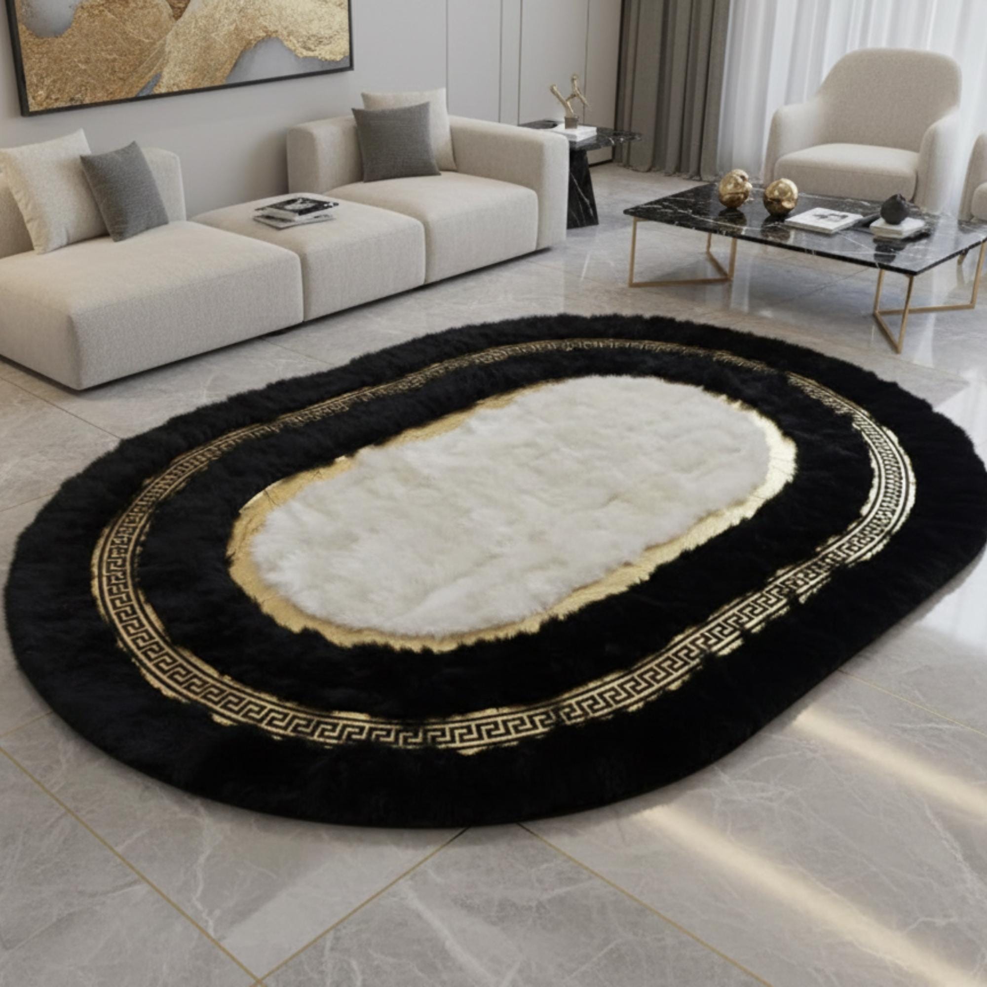 Luxury Black and White, Gold Plush Rug, Modern Faux Fur Area Rug