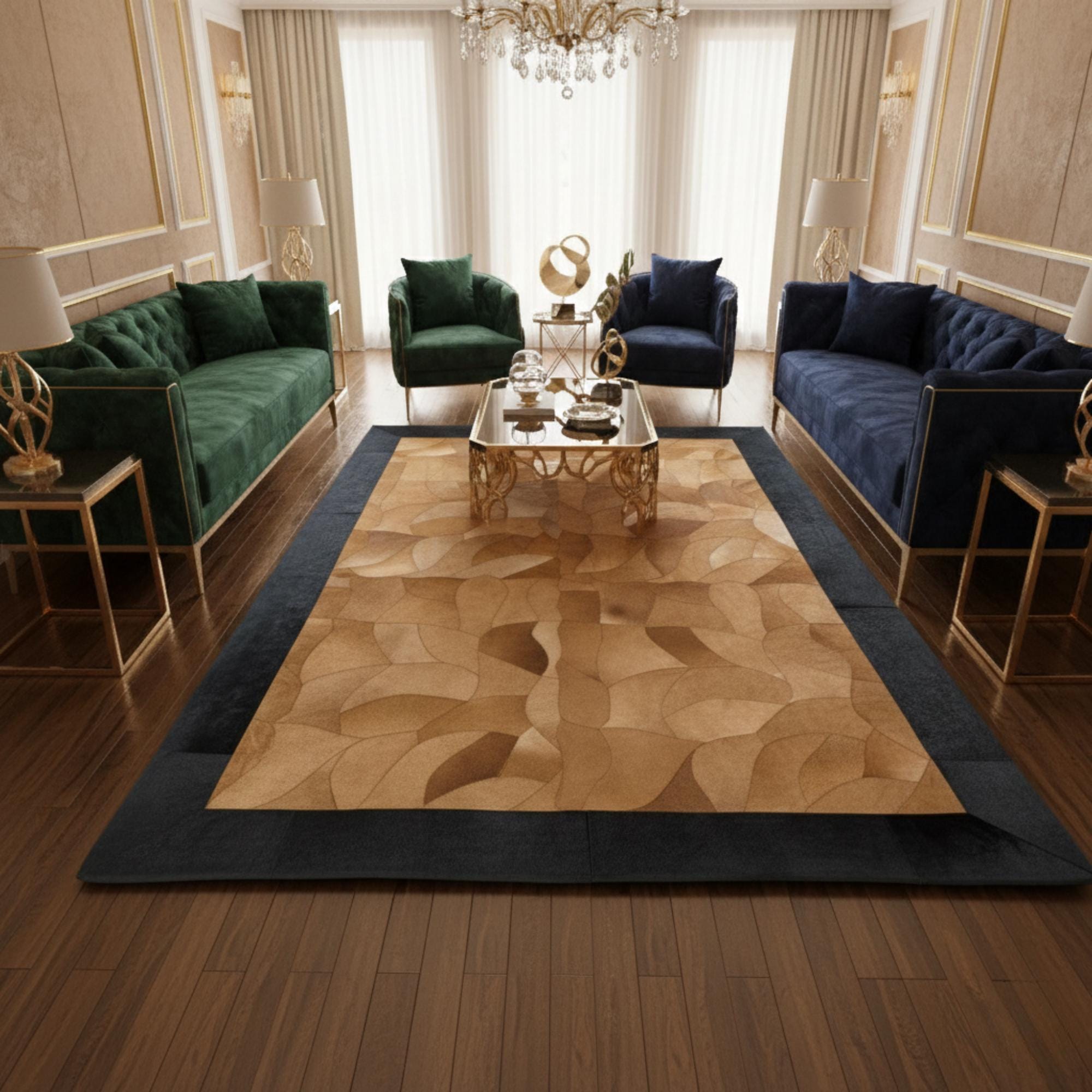 Brown Cowhide Rug with Black Border, Geometric Patchwork Area Rug