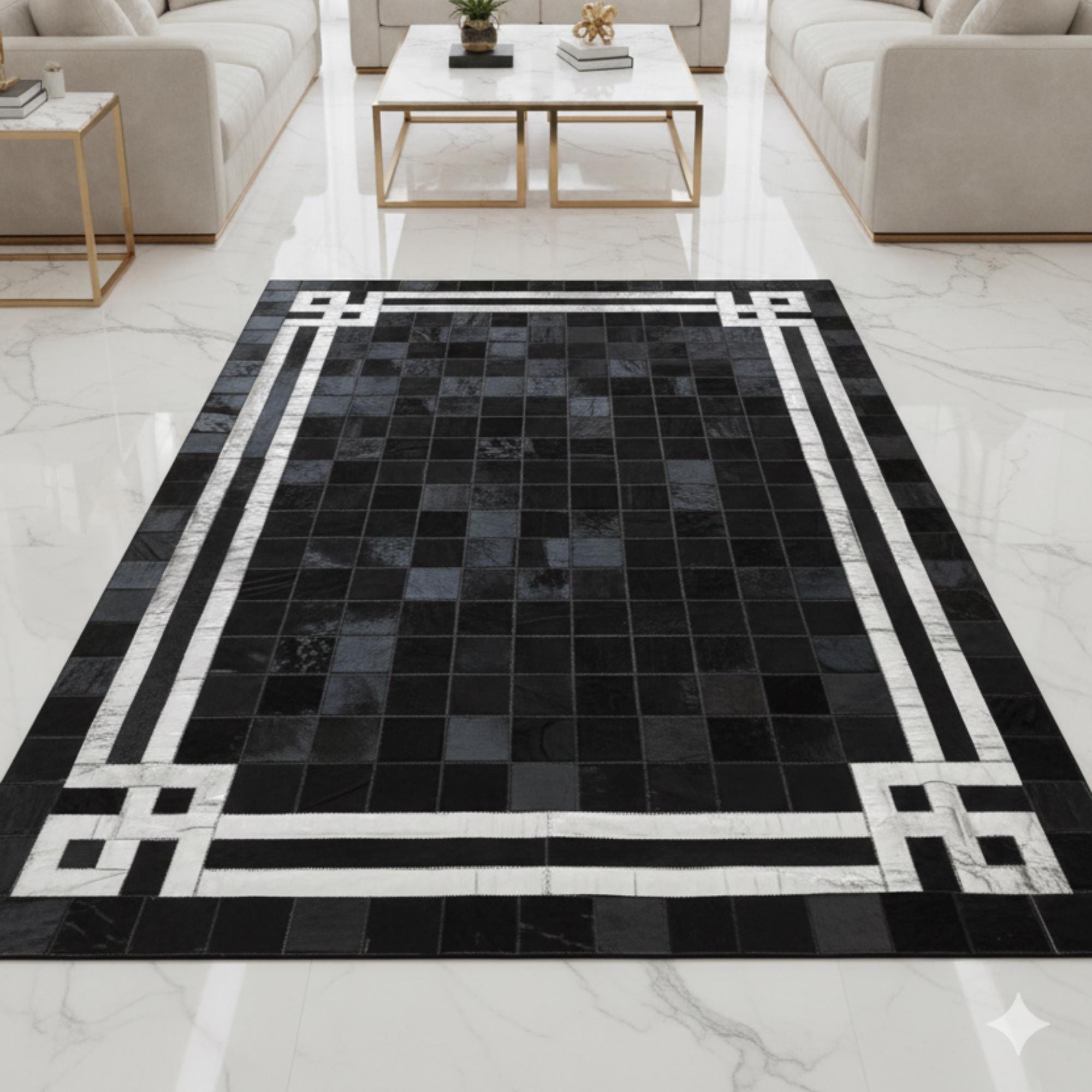 Black Cowhide Rug with Silver Detail, Modern Geometric Area Rug,