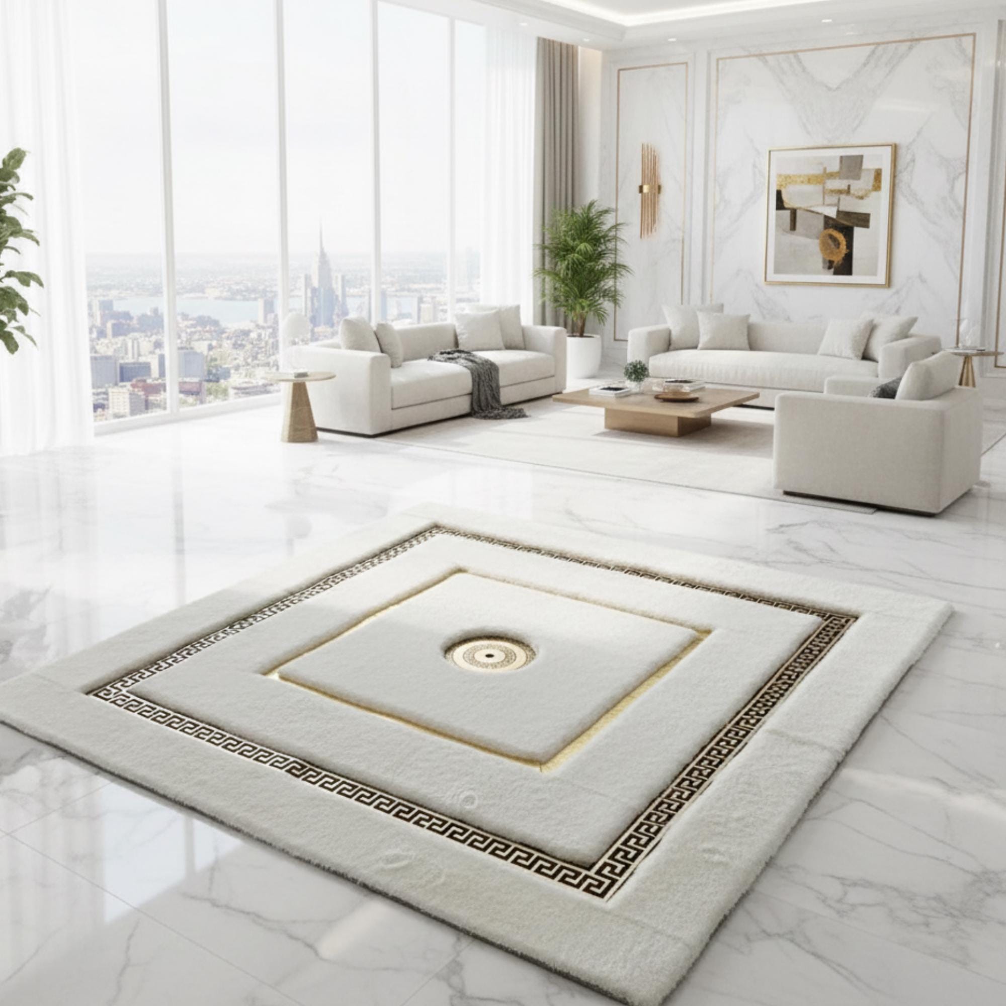 White and Gold Area Rug, Luxury Plush Bedroom Rug,