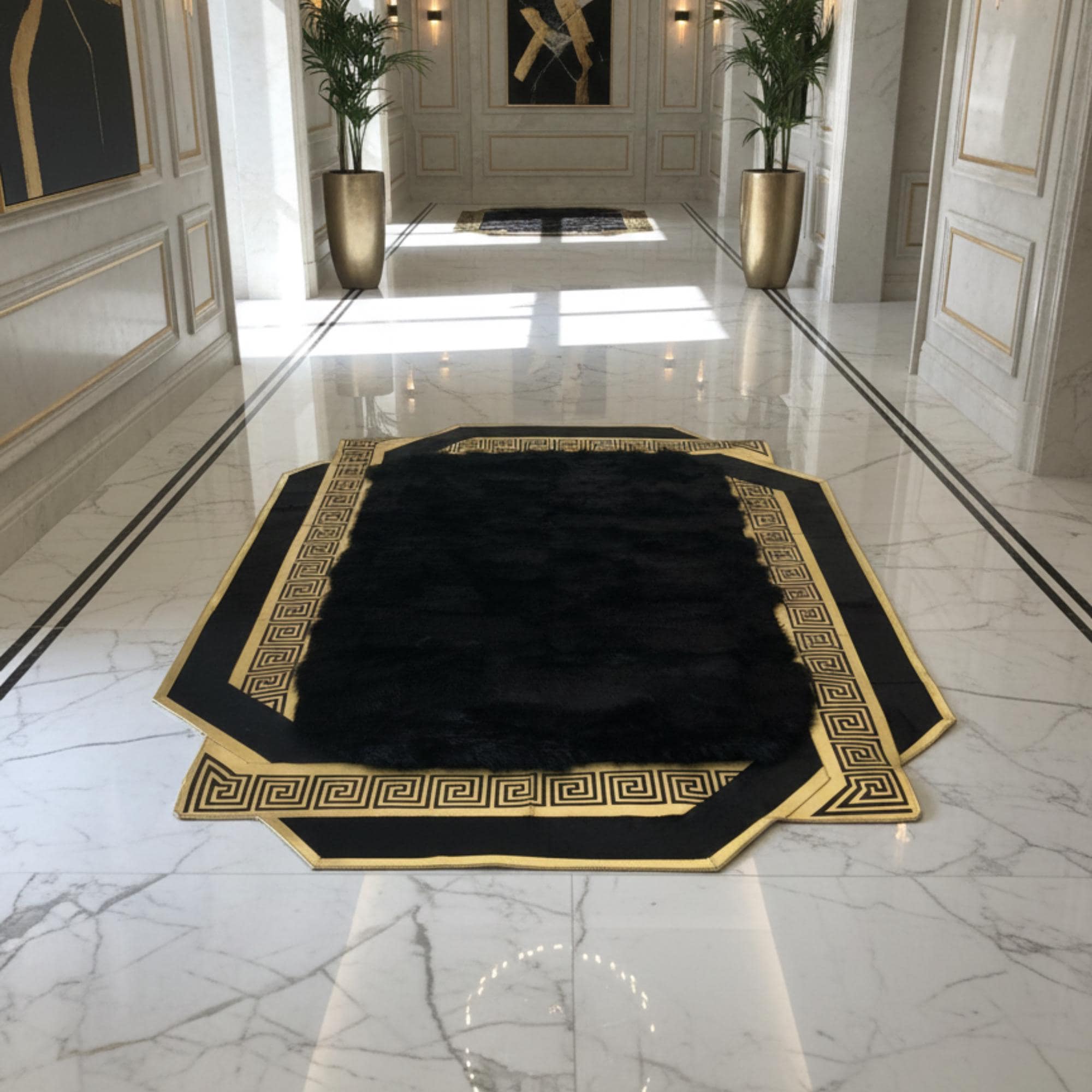 Black Tuscan Fur Rug, Gold Geometric Border, Luxury Carpet