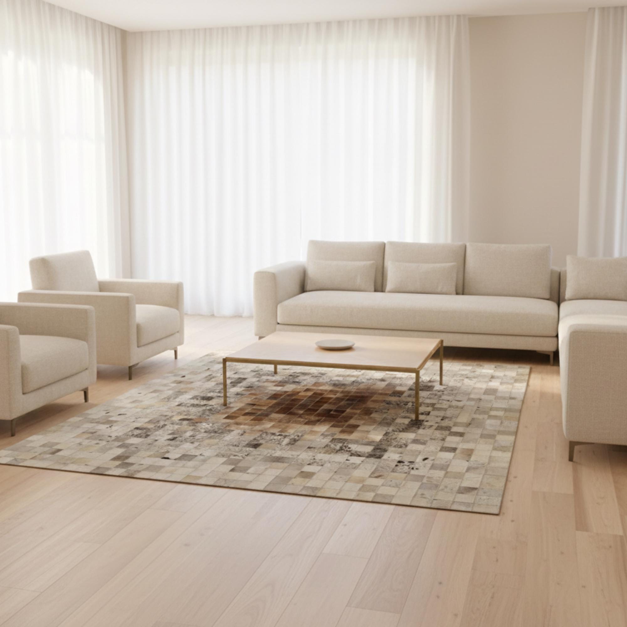 Beige and Brown Cowhide Rug, Geometric Patchwork Rug, Modern Leather Area Rug