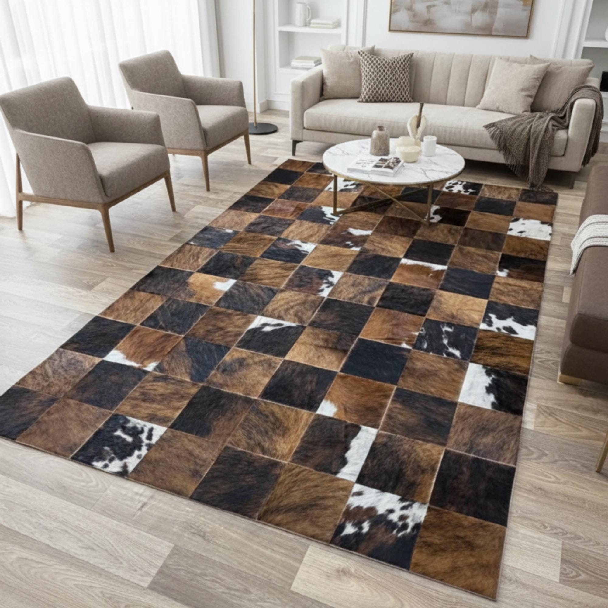 Brown and Black Cowhide Rug, Checkered Patchwork Area Rug,