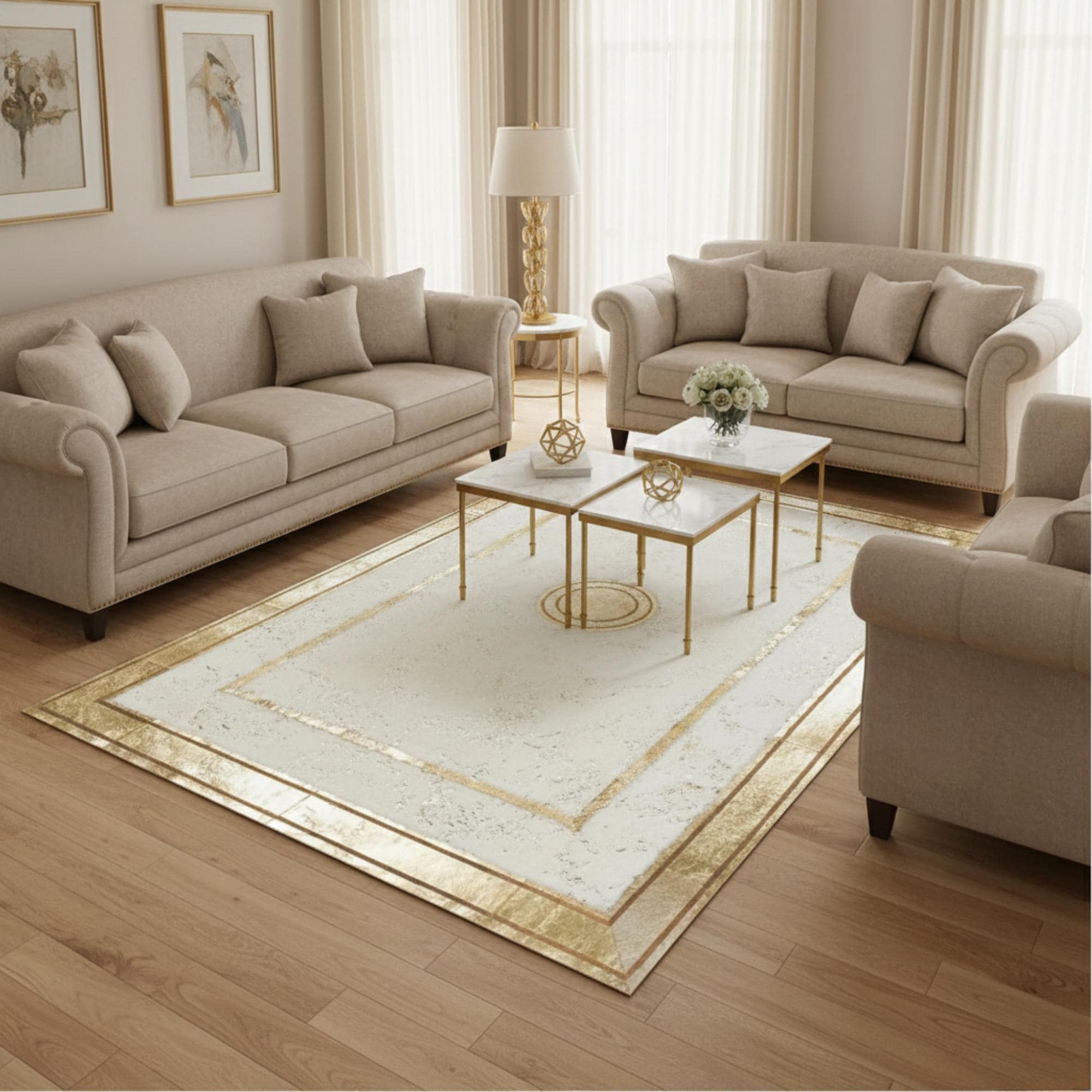White and Gold Rug, Luxury Plush Area Rug, Modern Geometric Living Room Rug,
