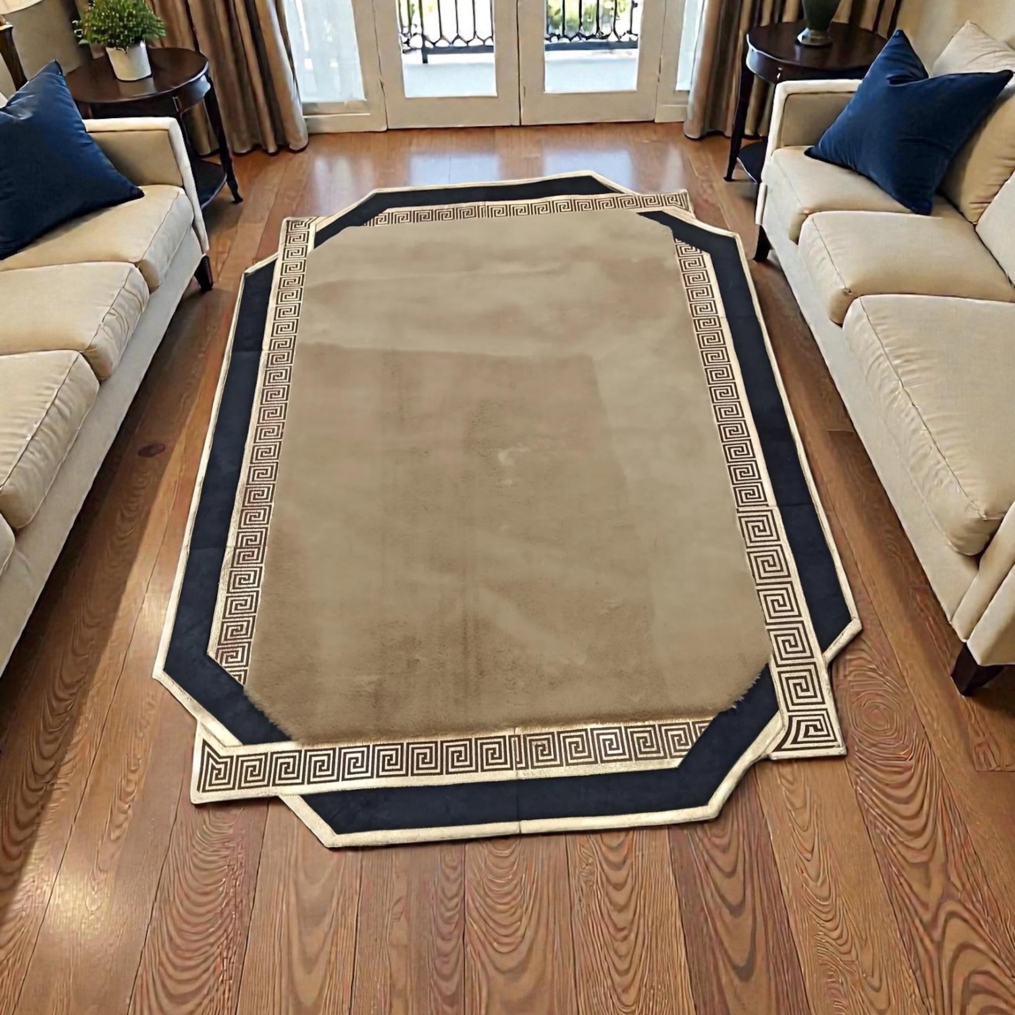 Camel Brown and Black Rug, Plush Area Rug with Gold Border,