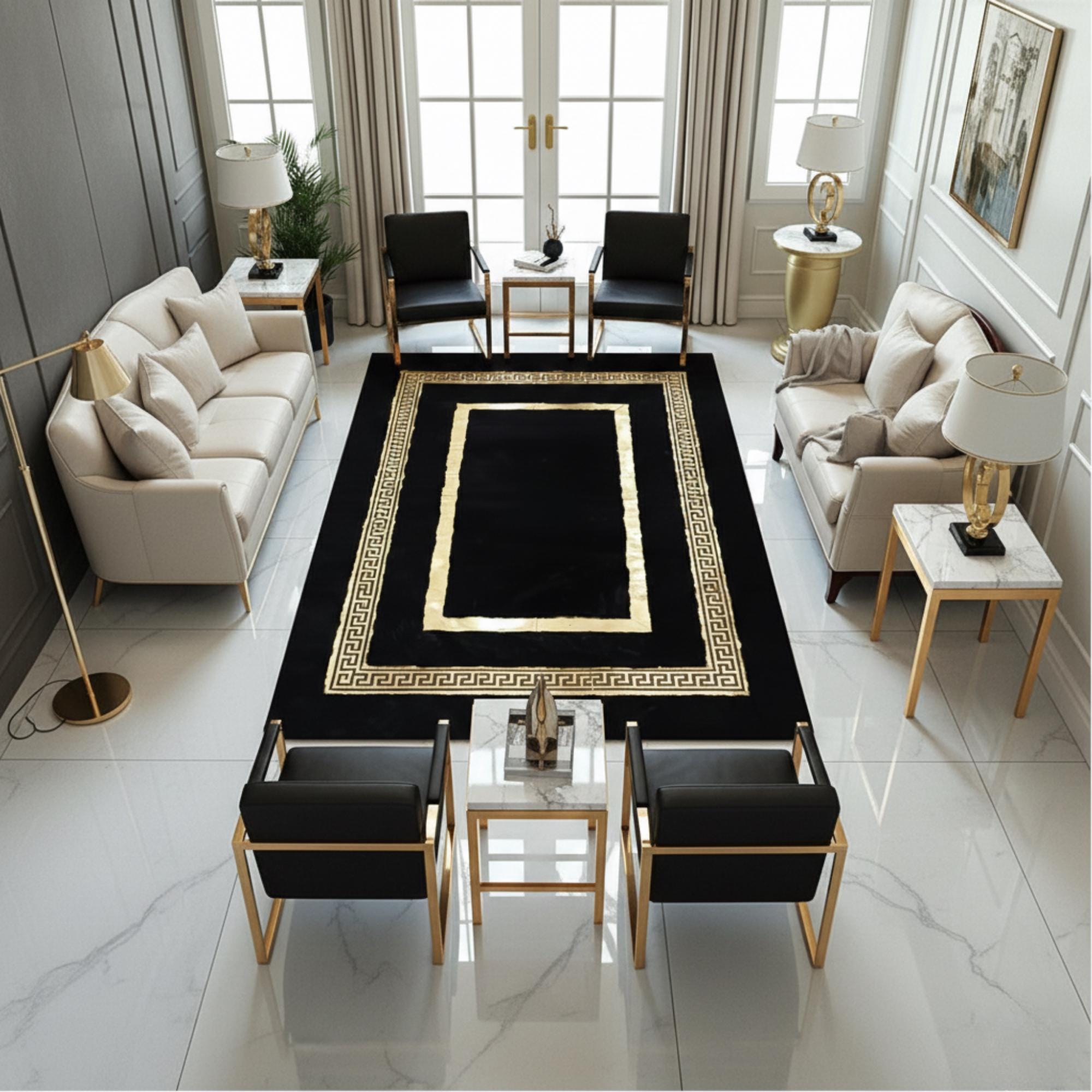 Black and Gold Rug, Luxury Plush Area Rug, Modern Faux Fur Living Room Rug,