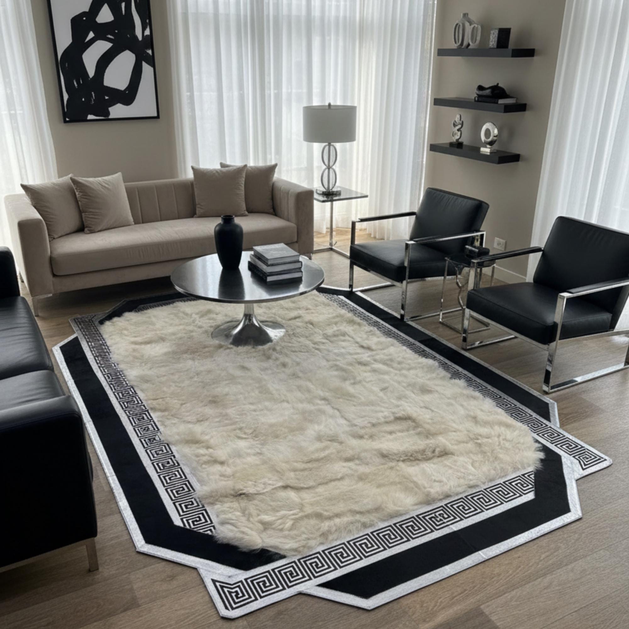 White Gray and Black Rug, Tuscan Area Rug, Luxury Living Room Rug