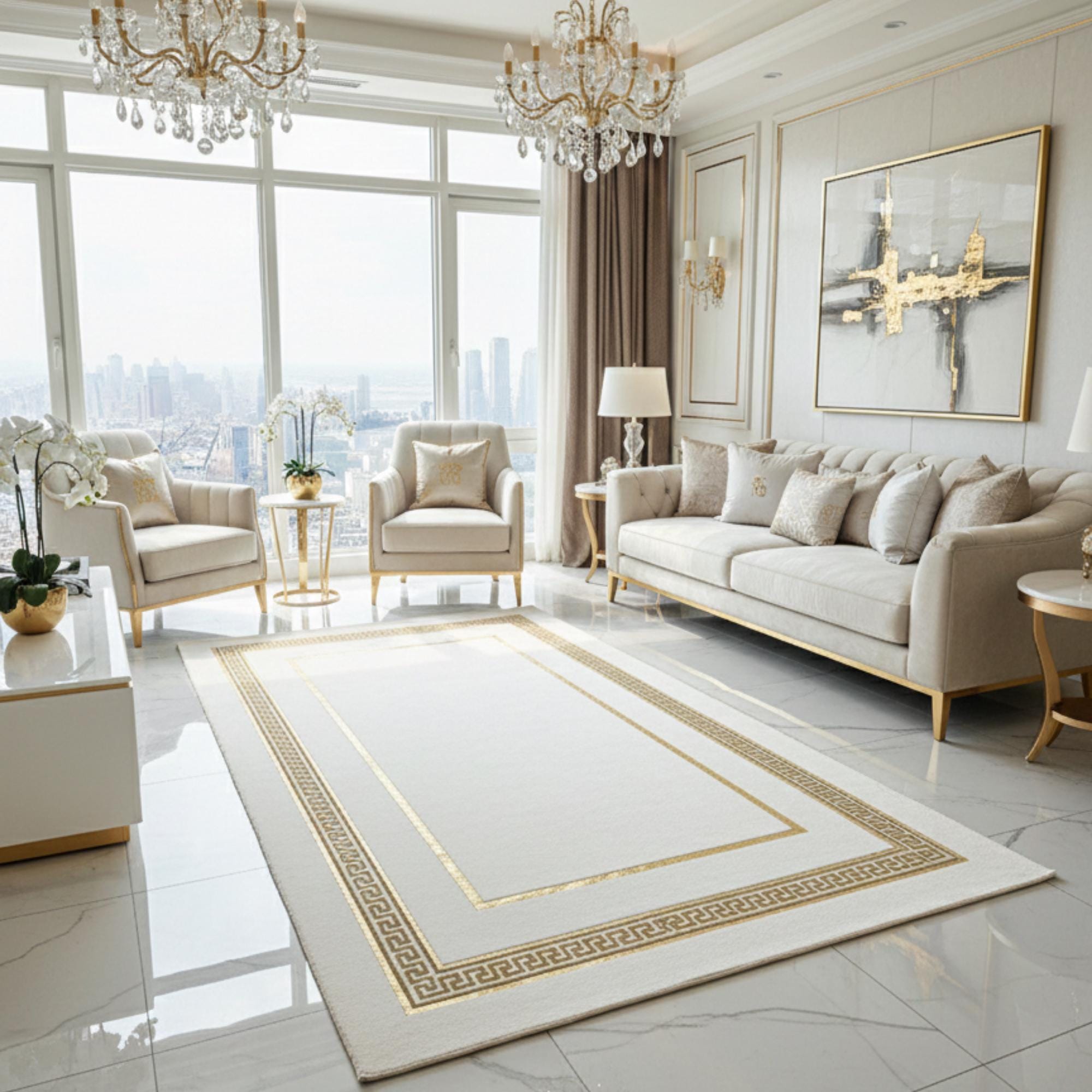 White Faux Fur Rug, Gold Geometric Border,