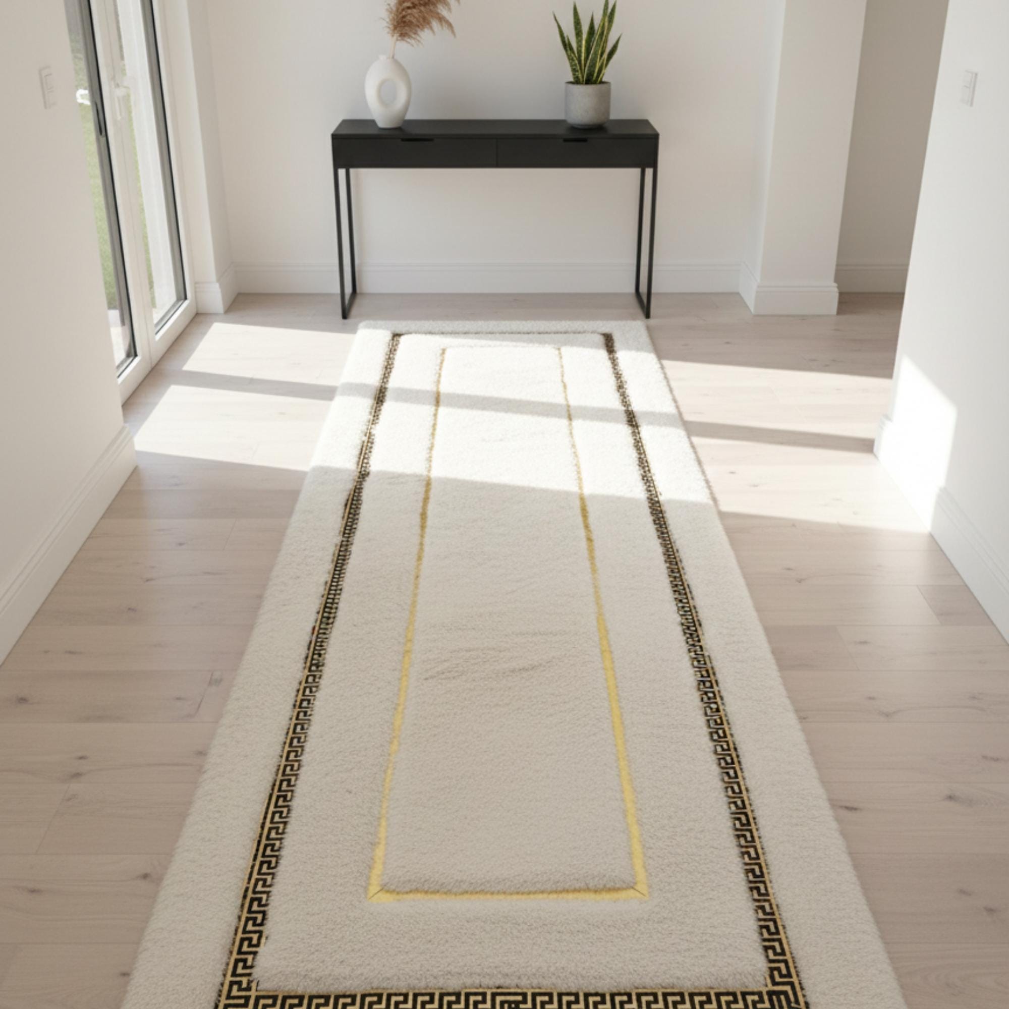 White and Gold Runner Rug, Luxury Plush Hallway Rug, Modern Geometric Rug