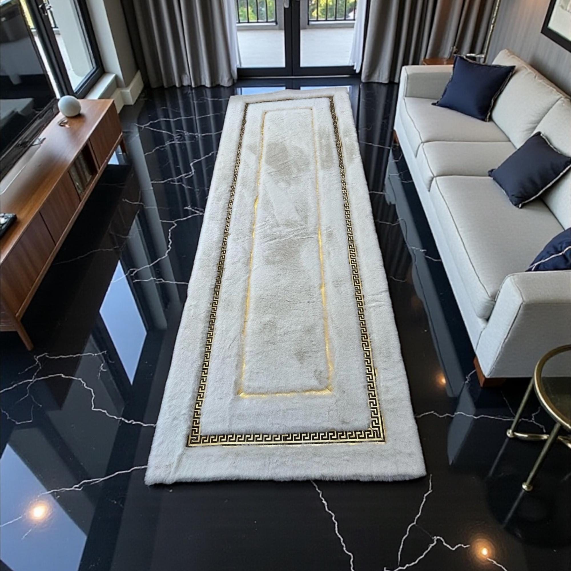 White and Gold Runner Rug, Luxury Plush Hallway Rug, Modern Geometric Rug