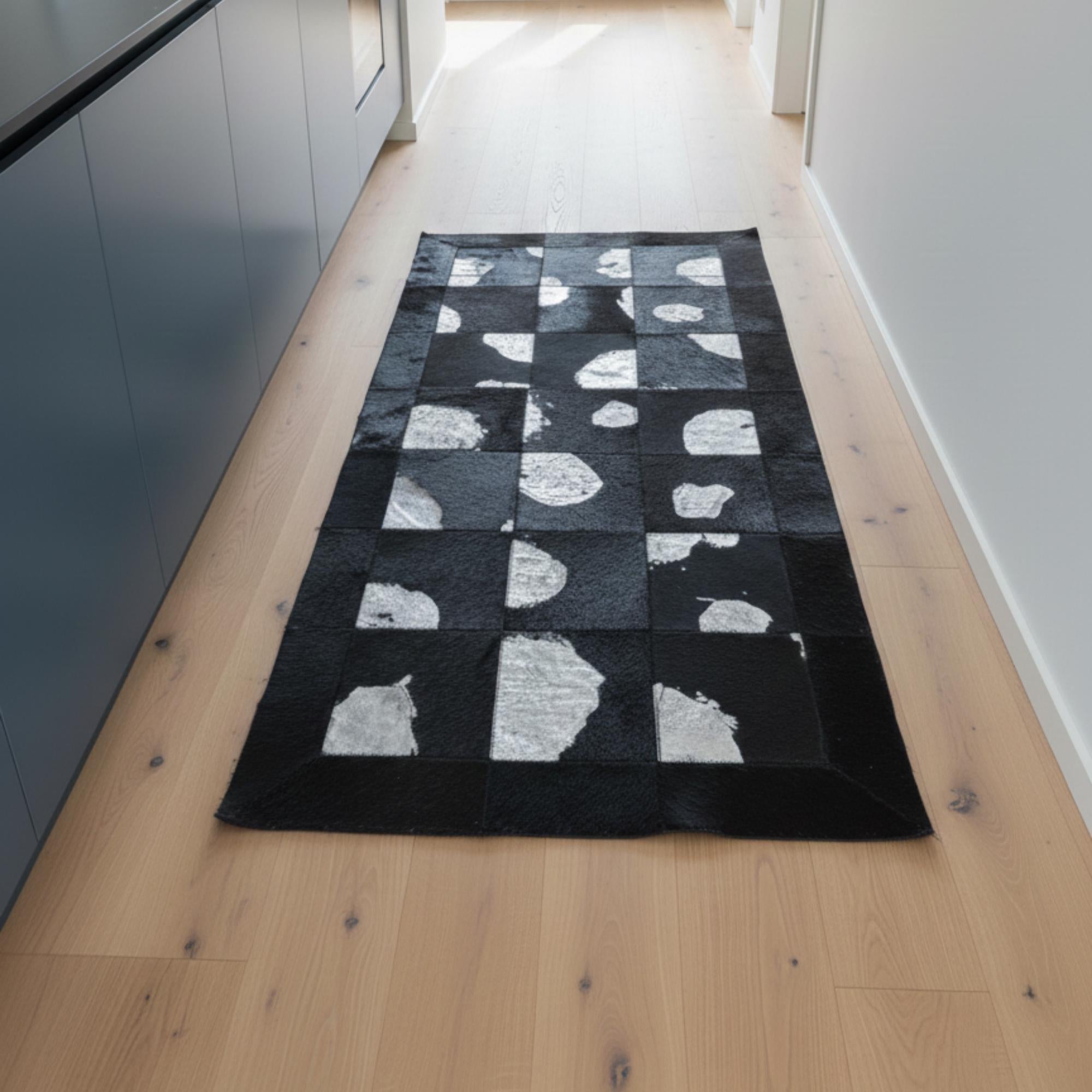 Black and Silver Cowhide Runner Rug, Metallic Silver Hallway Runner