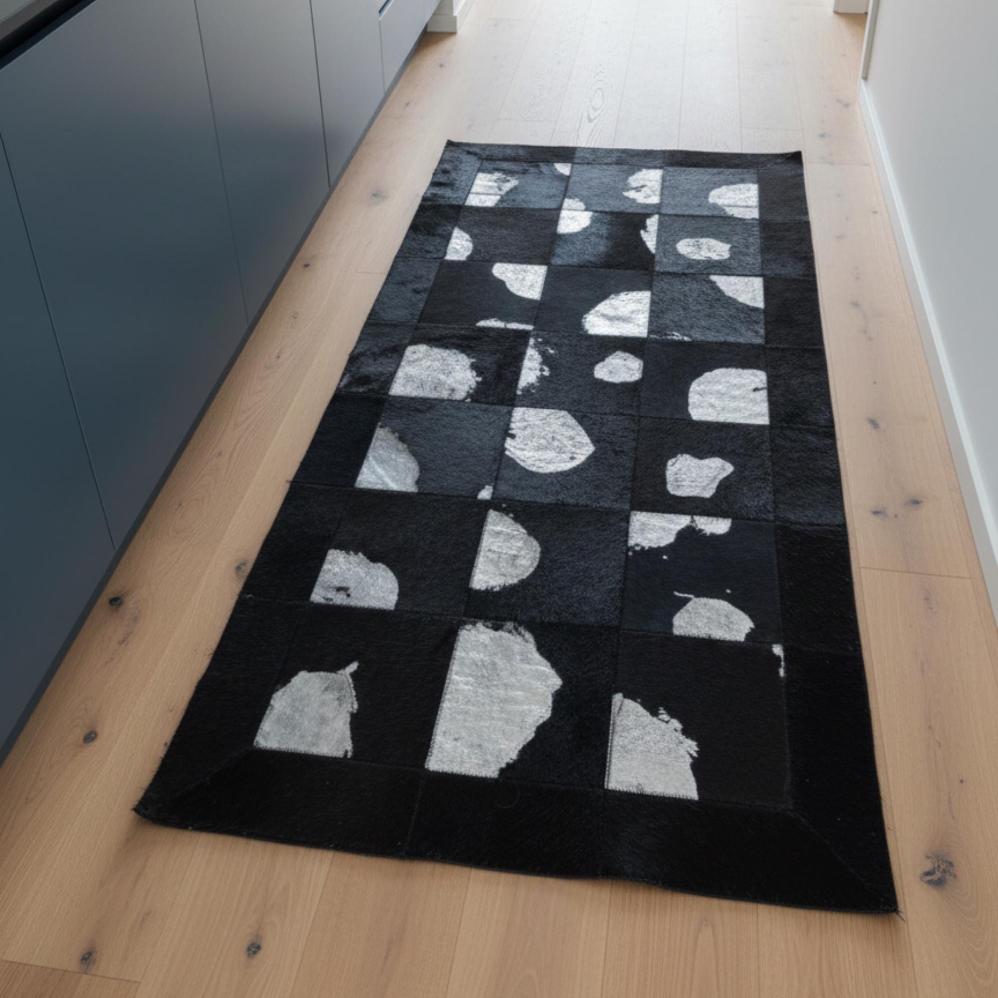 Black and Silver Cowhide Runner Rug, Metallic Silver Hallway Runner